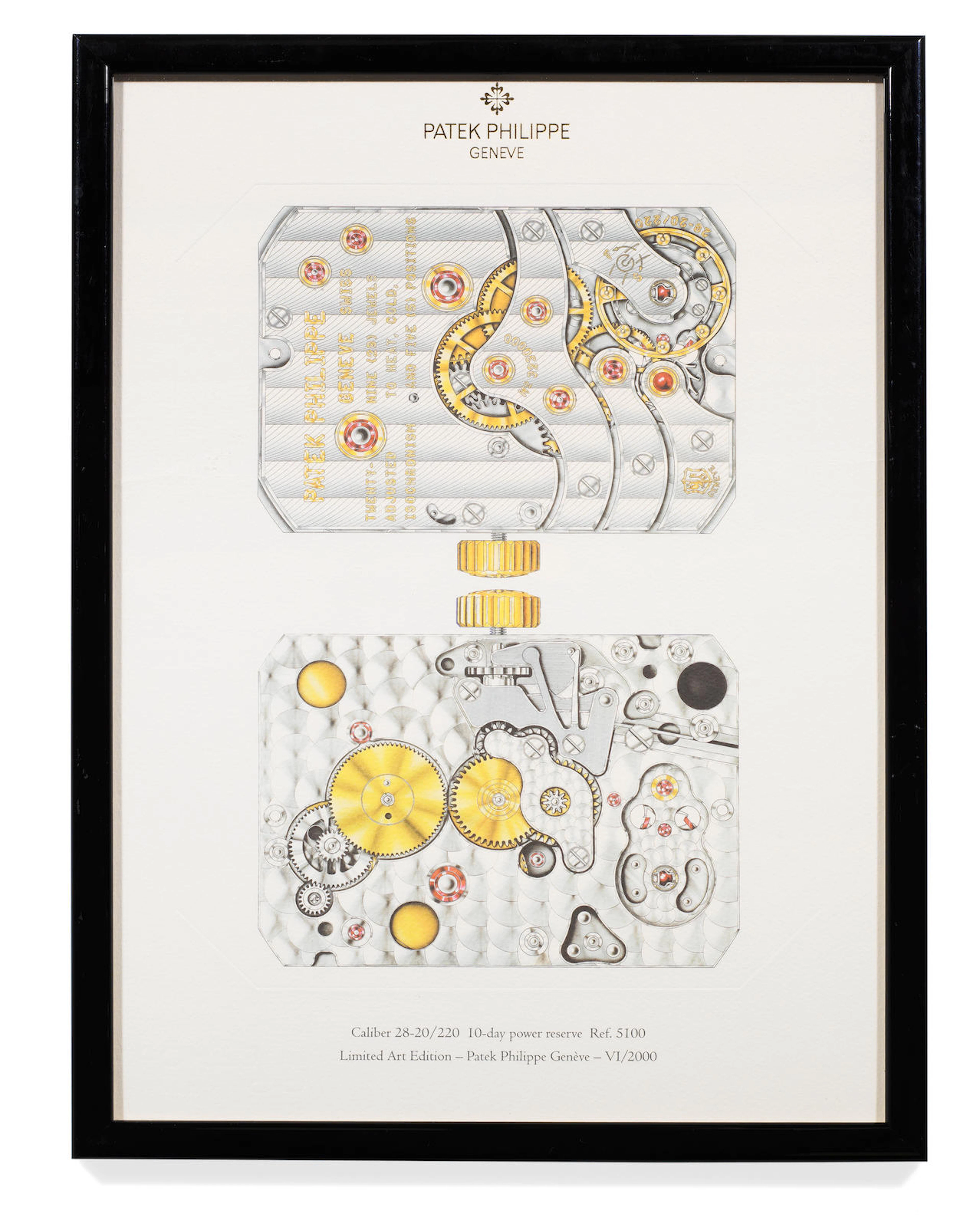 A framed Limited Edition Patek Philippe lithograph depicting a Calibre 28-20/220 2000