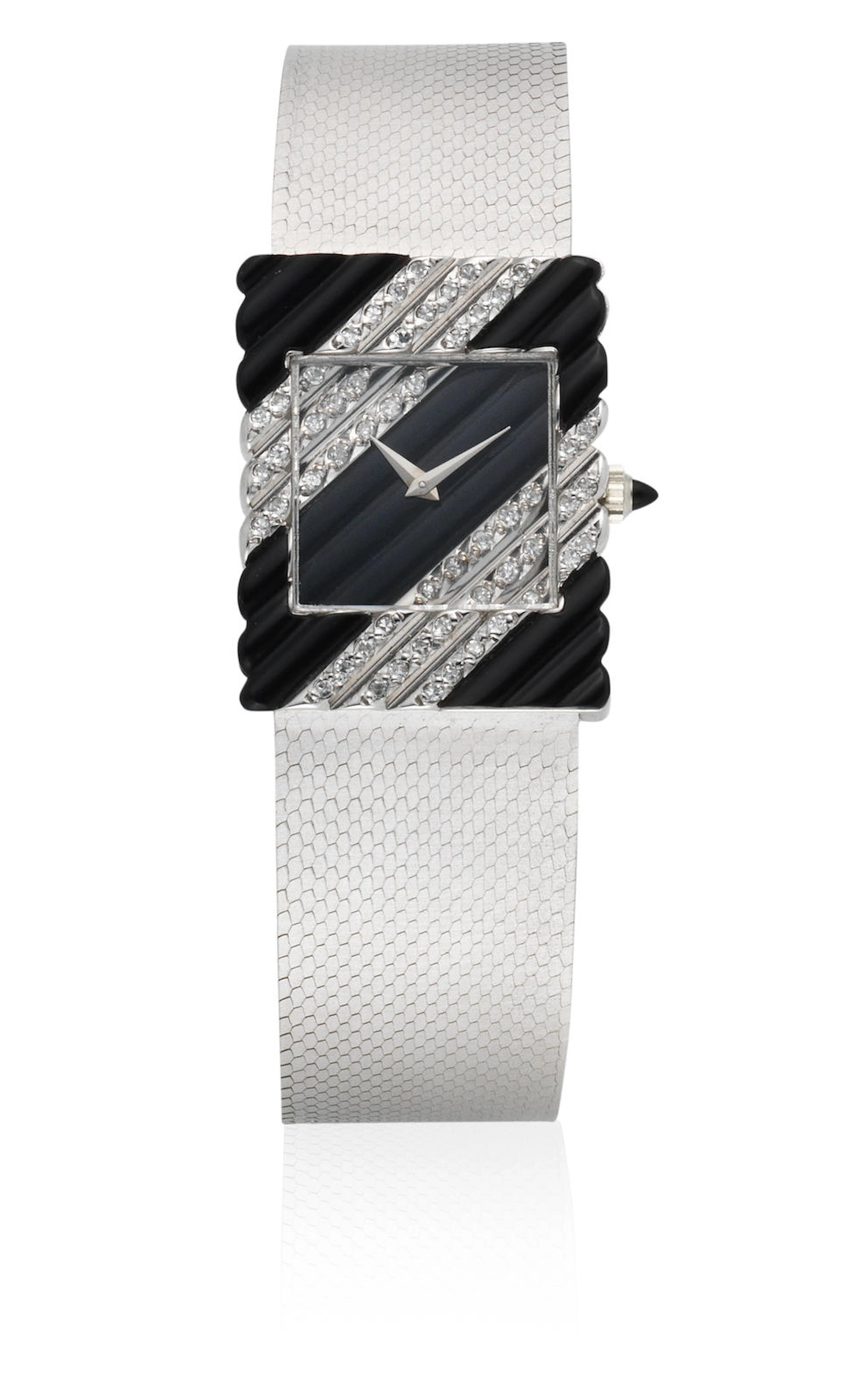 La Montre Royale. An 18K white gold and diamond set manual wind rectangular bracelet watch Ref: 5802, Circa 1980
