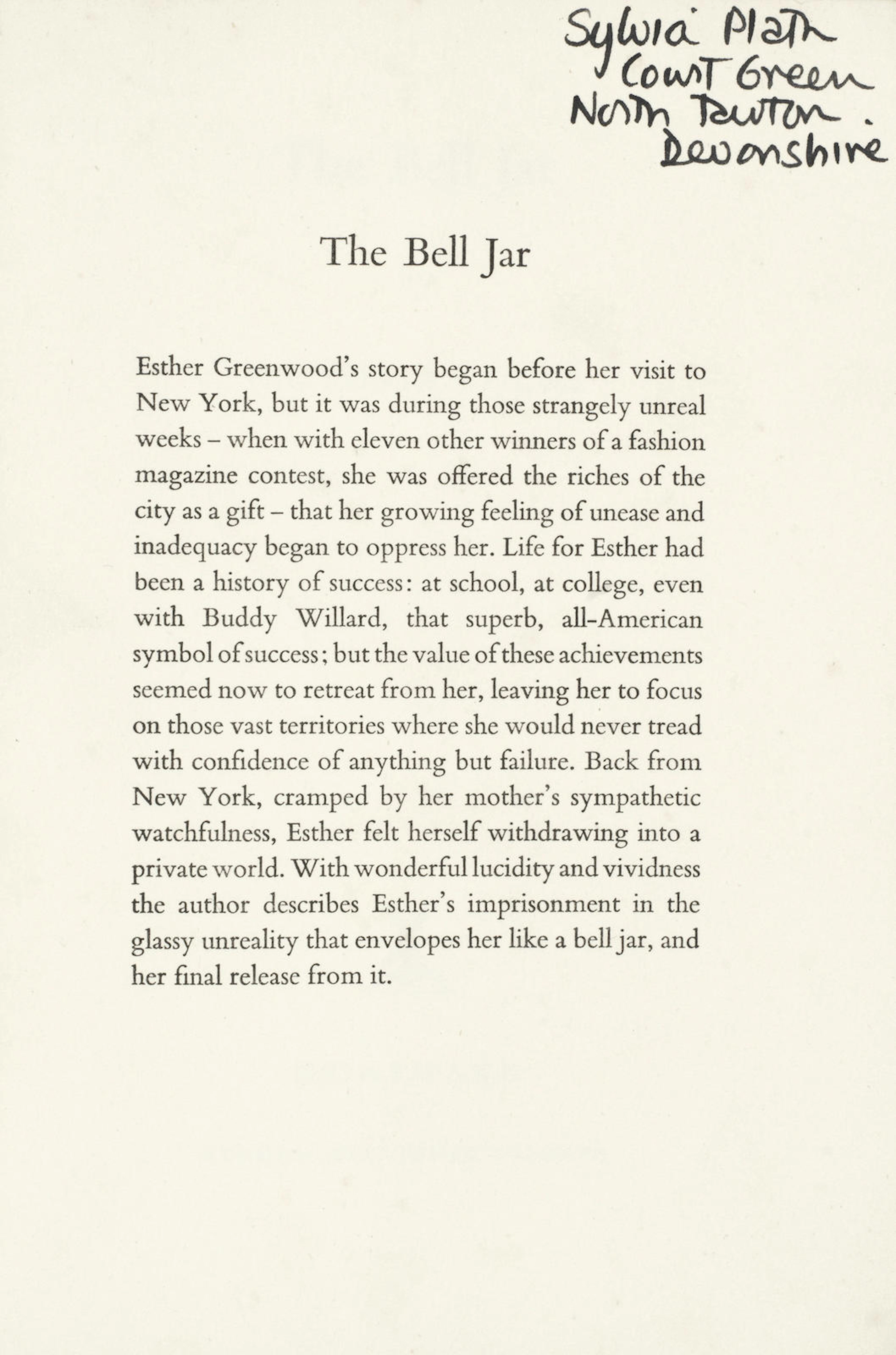 PLATH (SYLVIA) The Bell Jar by Victoria Lucas, SYLVIA PLATH'S "UNCORRECTED PROOF COPY" WITH HER OWN MANUSCRIPT CORRECTIONS, AND OWNERSHSIP INSCRIPTION , Heinemann