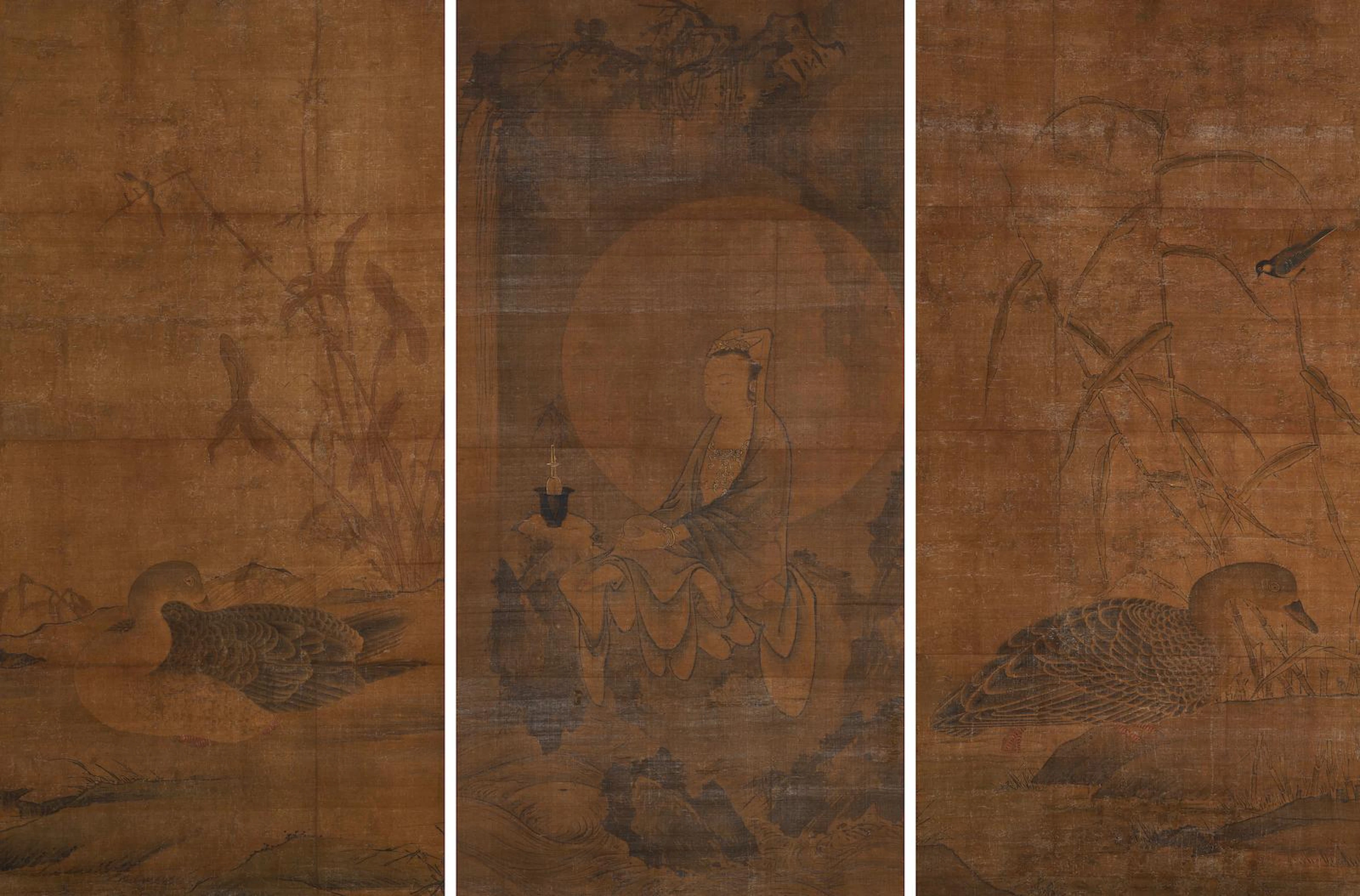Previously Attributed to Zhang Yuehu (late 13th ce) and Huichong (965-1017) Water and Moon Guanyin; Pair of Ducks and Reeds