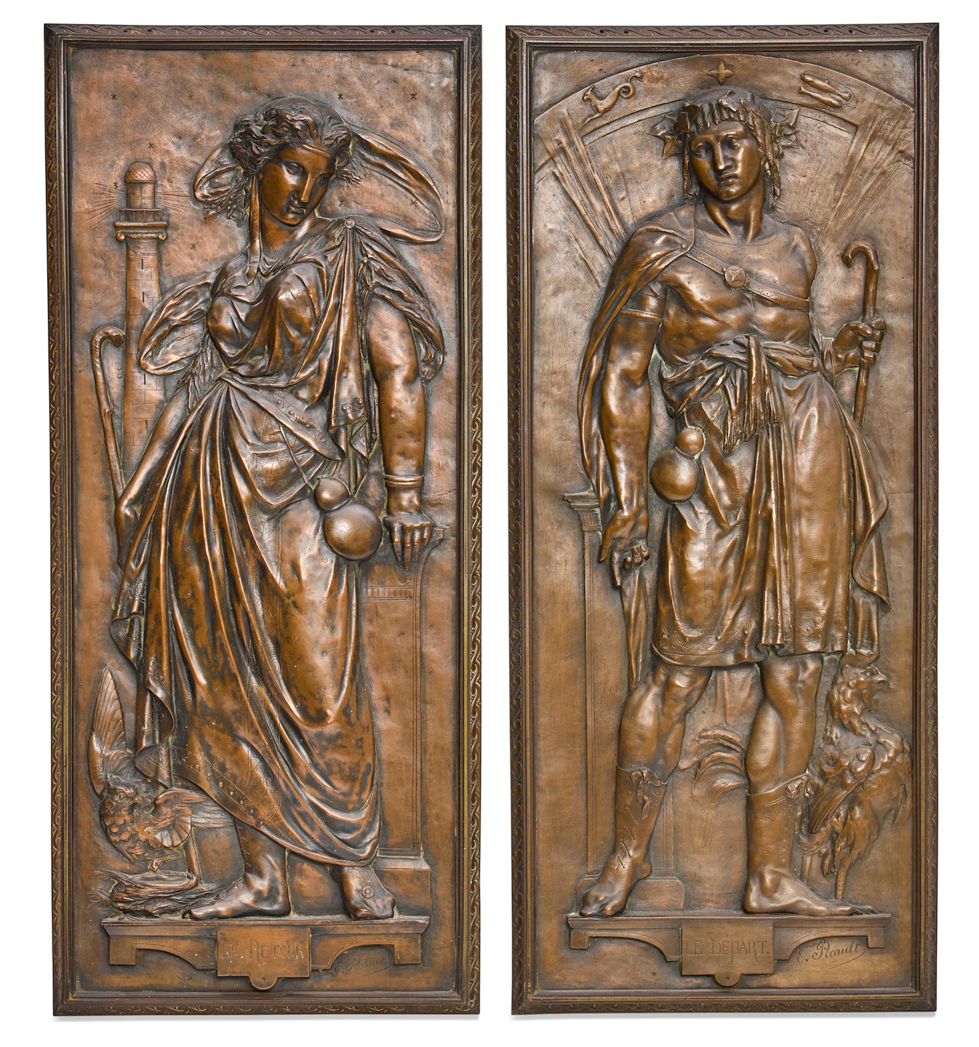 A pair of French patinated bronze and copper relief panels: Le Depart and Le Retour