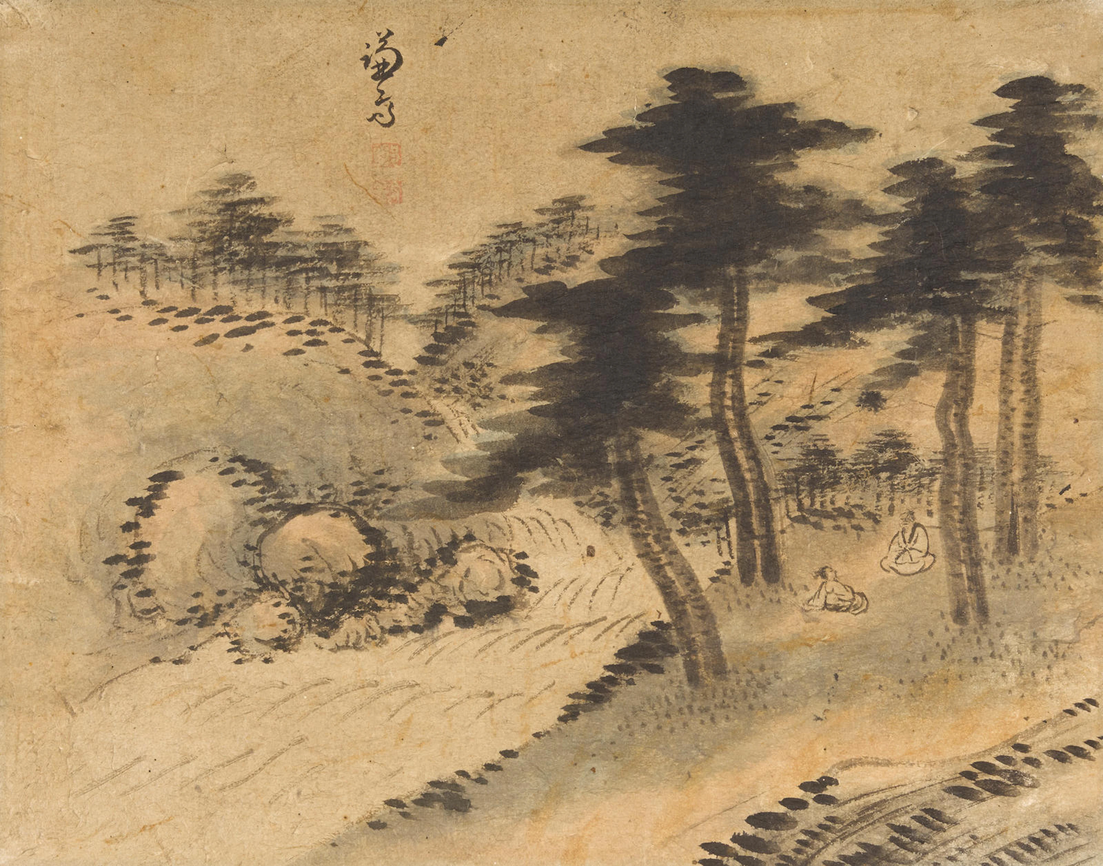Scholars in a pine grove by a river