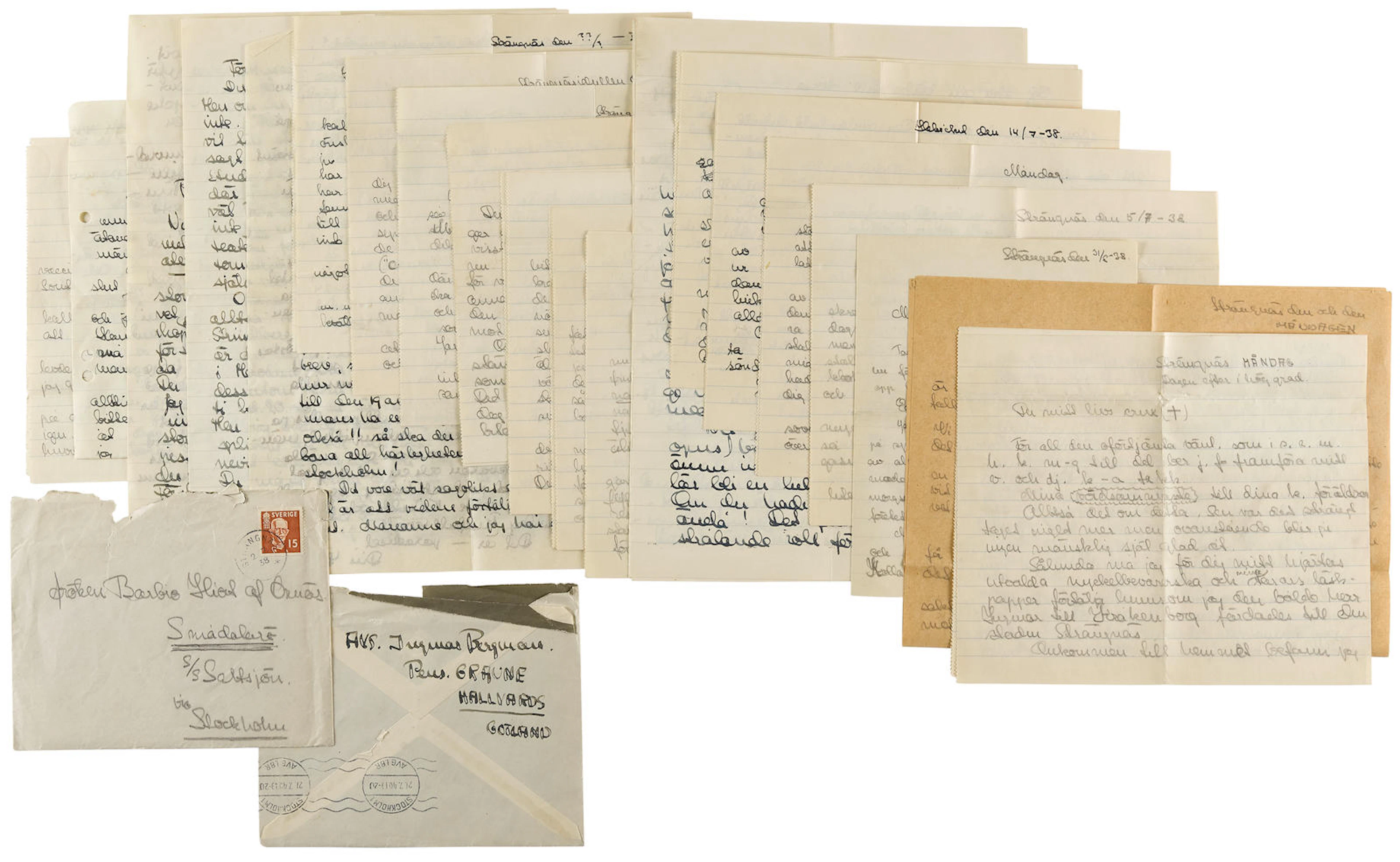 BERGMAN, INGMAR. 1918-2007. A group of 20 Autograph Letters, some signed ("Ingmar") in Swedish, 78 pp total, 4to and 8vo, Strängnäs and other locations, Sweden, 1938 to 1940, to his girlfriend Barbro 