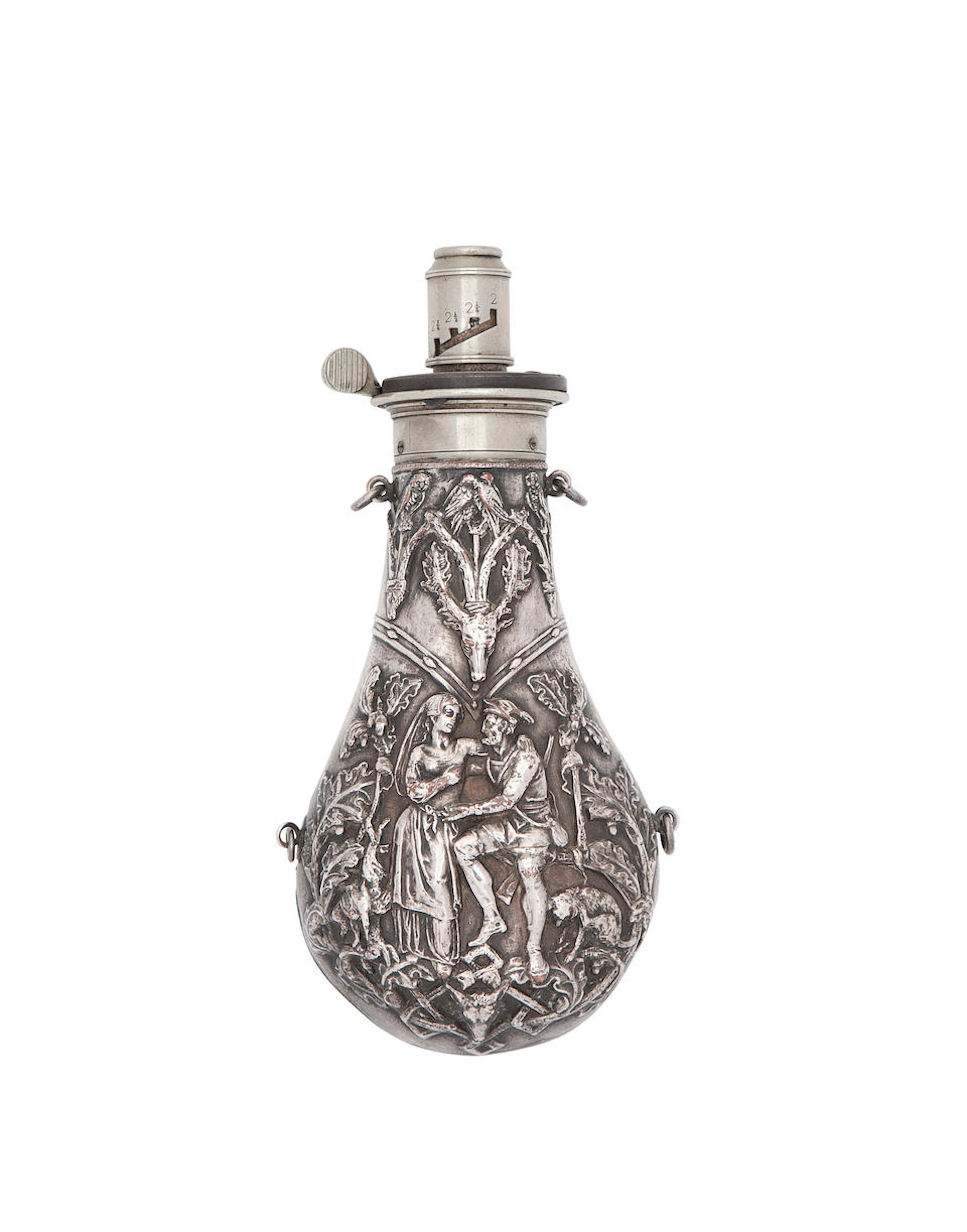 A Very Rare White-Metal 'Courtship' Powder-Flask For Percussion Sporting Guns