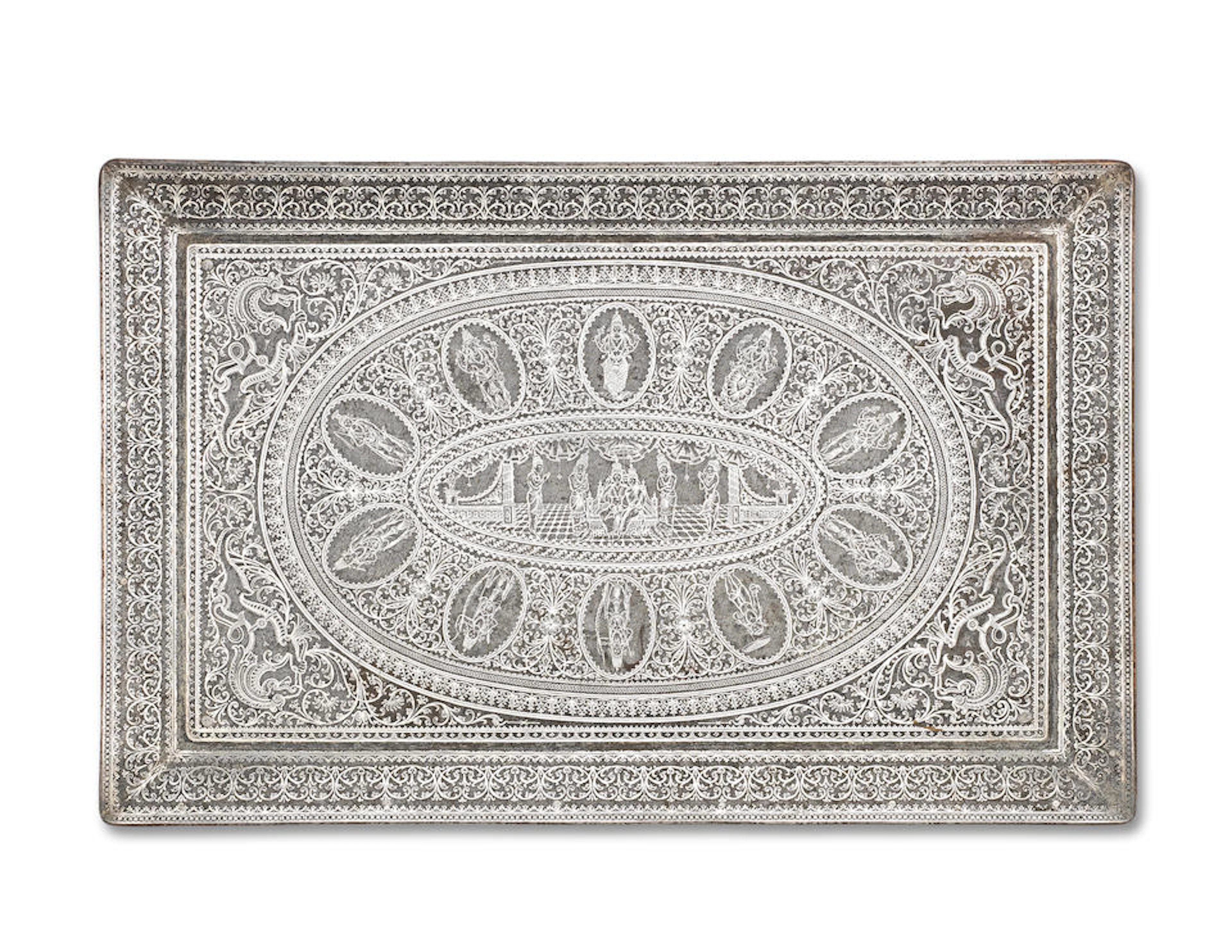 A large bidri tray depicting Rama and Sita enthroned