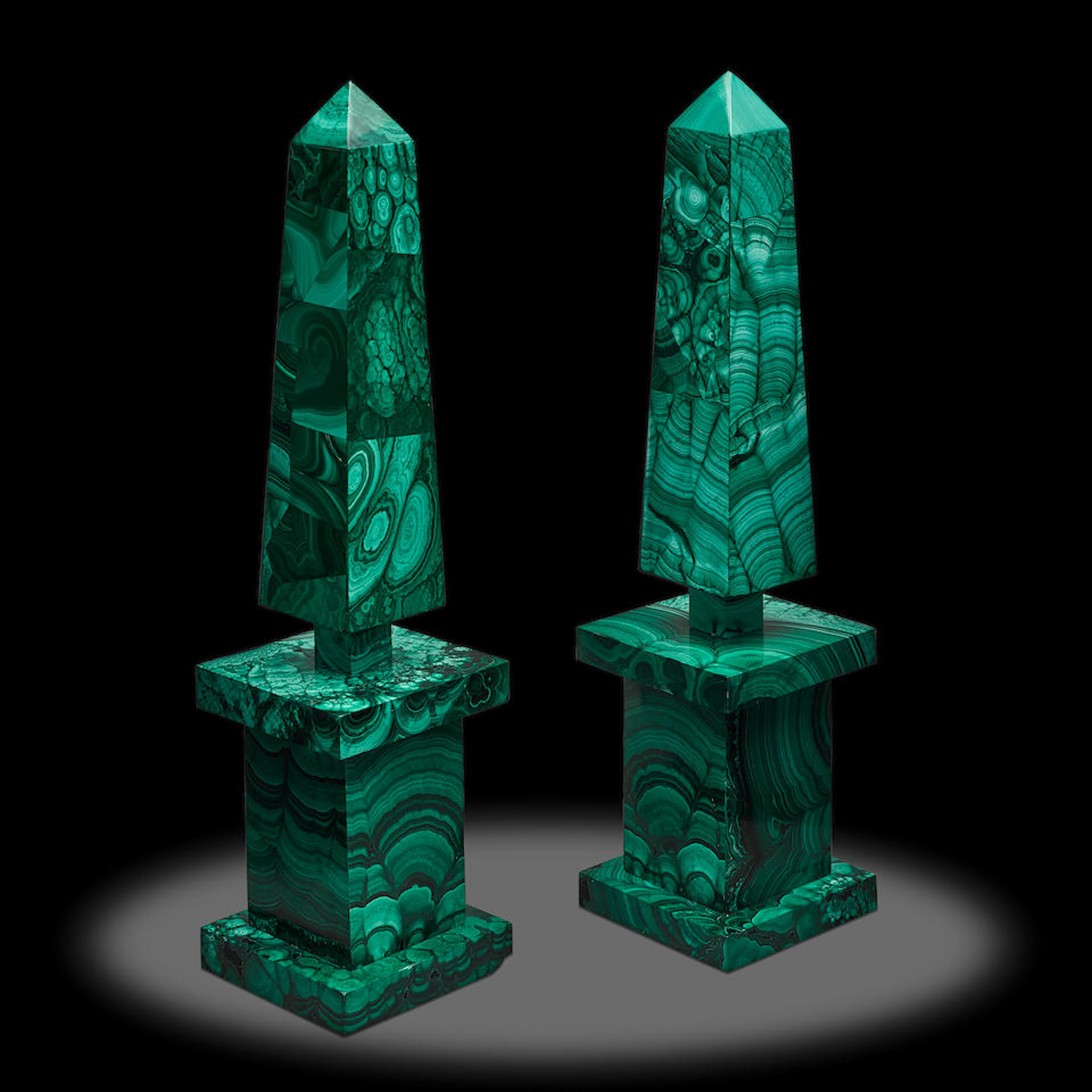 Pair of Malachite Intarsia Obelisks