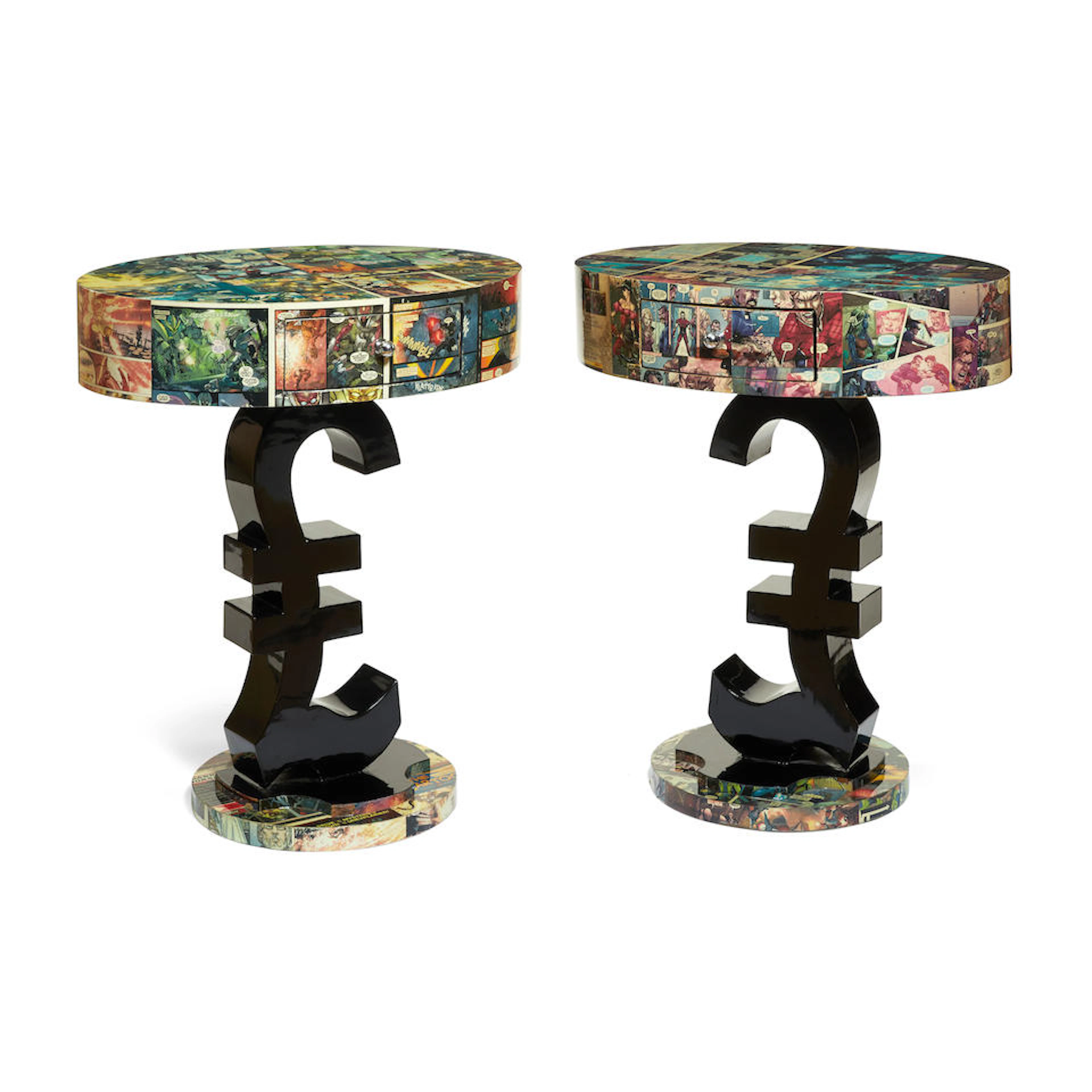 A pair of comic book laminated side tables