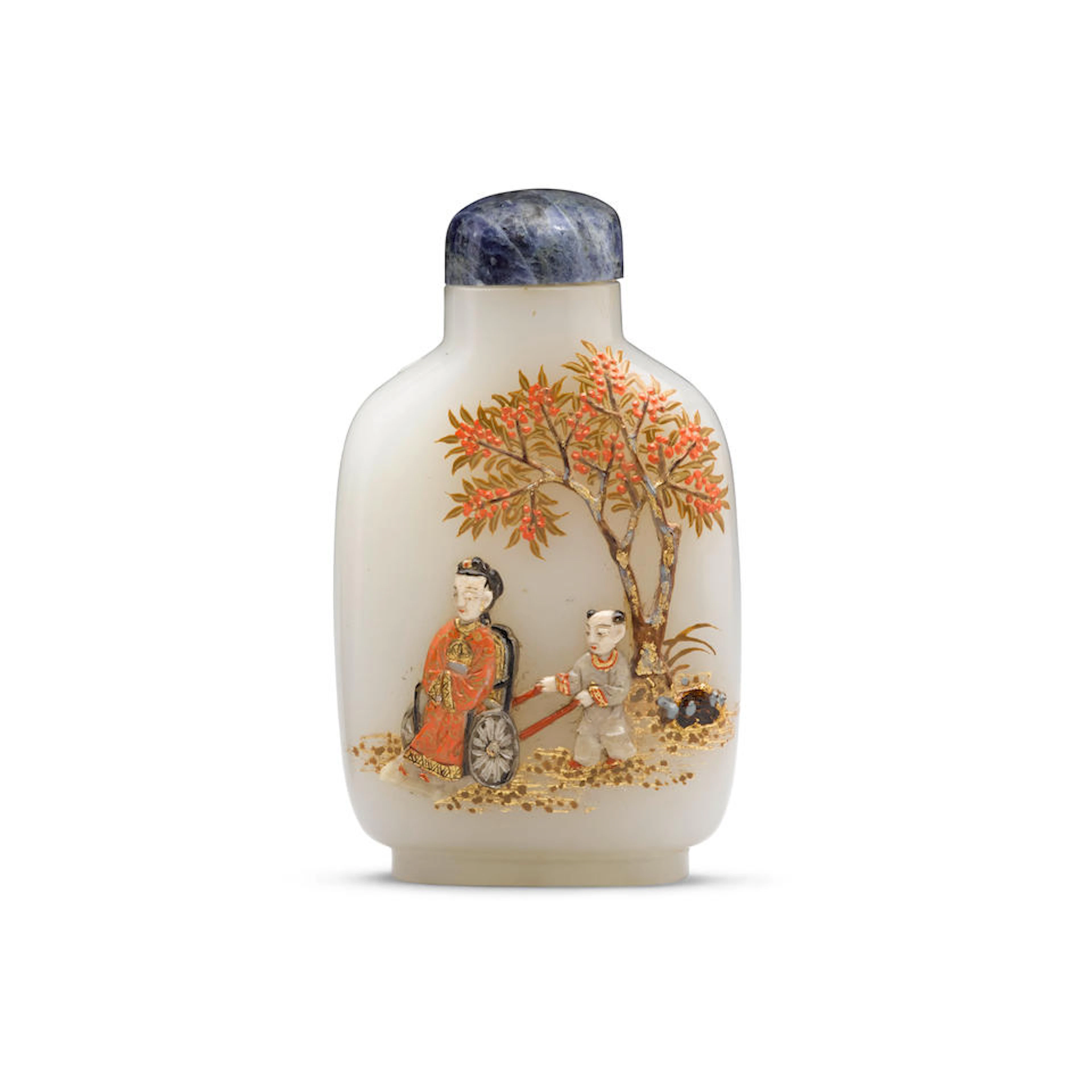 An embellished white jade snuff bottle The bottle: 1850-1920
