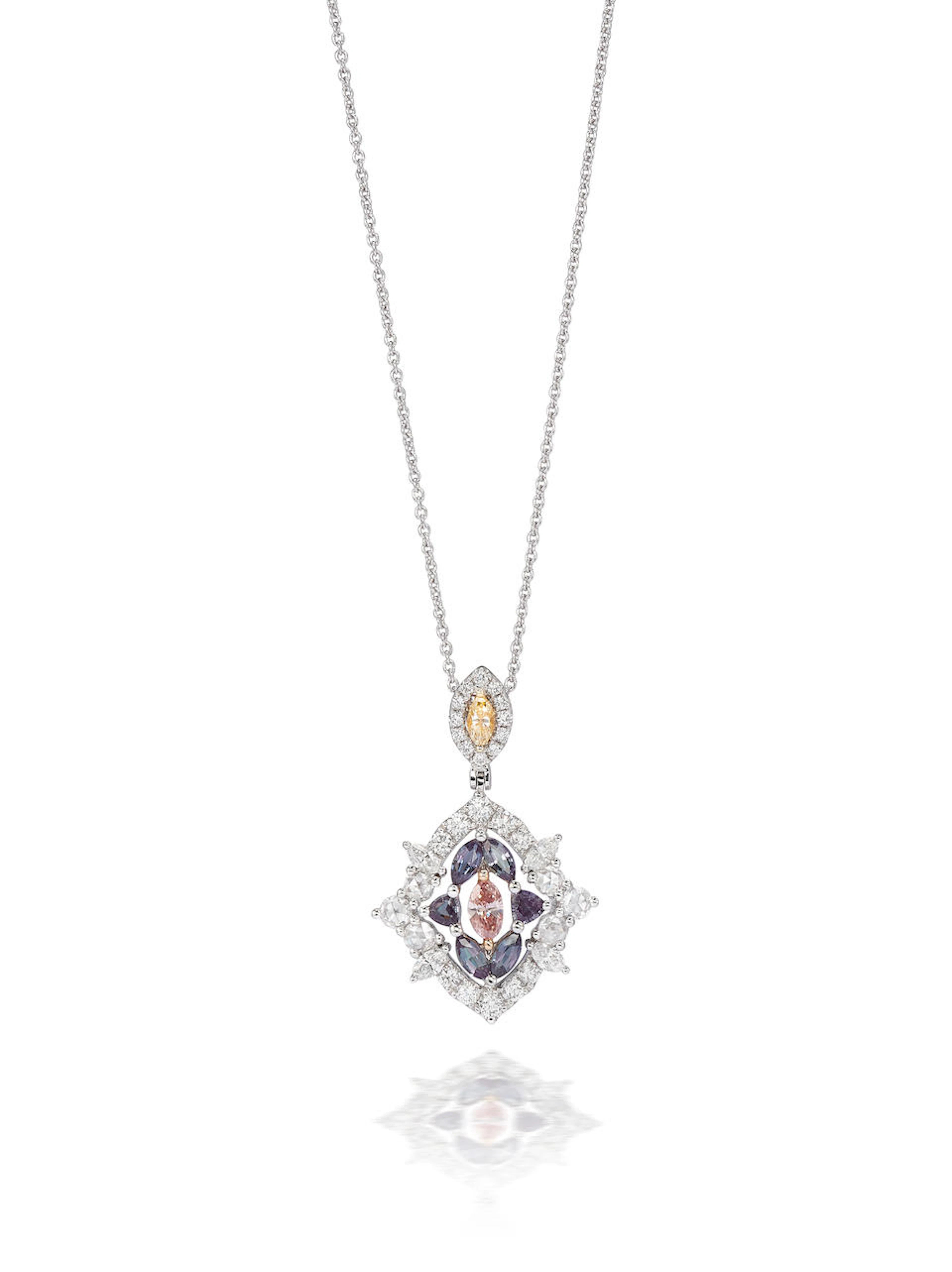 AN ALEXANDRITE, COLOURED DIAMOND AND DIAMOND PENDANT NECKLACE