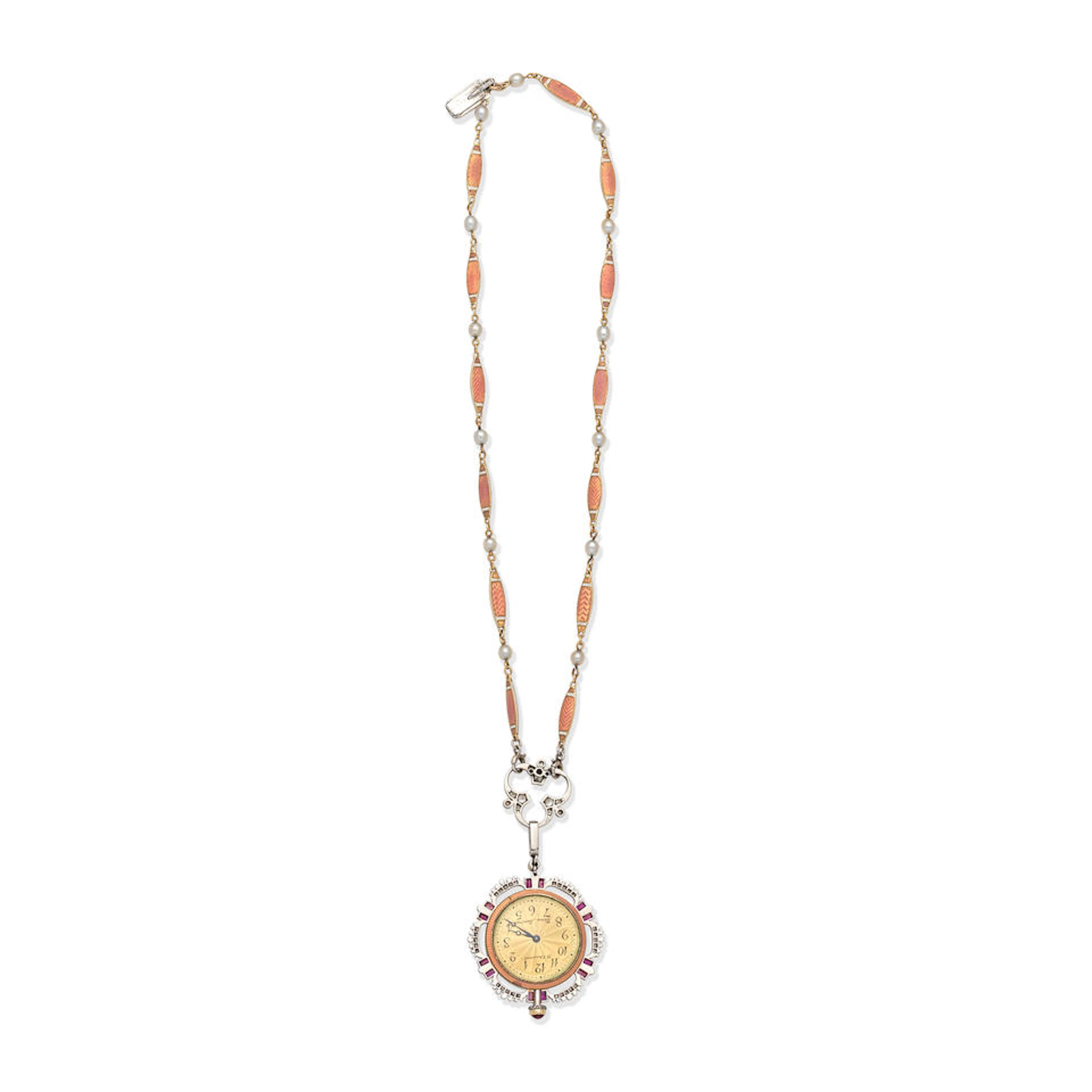 CHAUMET: ENAMEL, RUBY AND DIAMOND-SET NECKLACE/WATCH,
