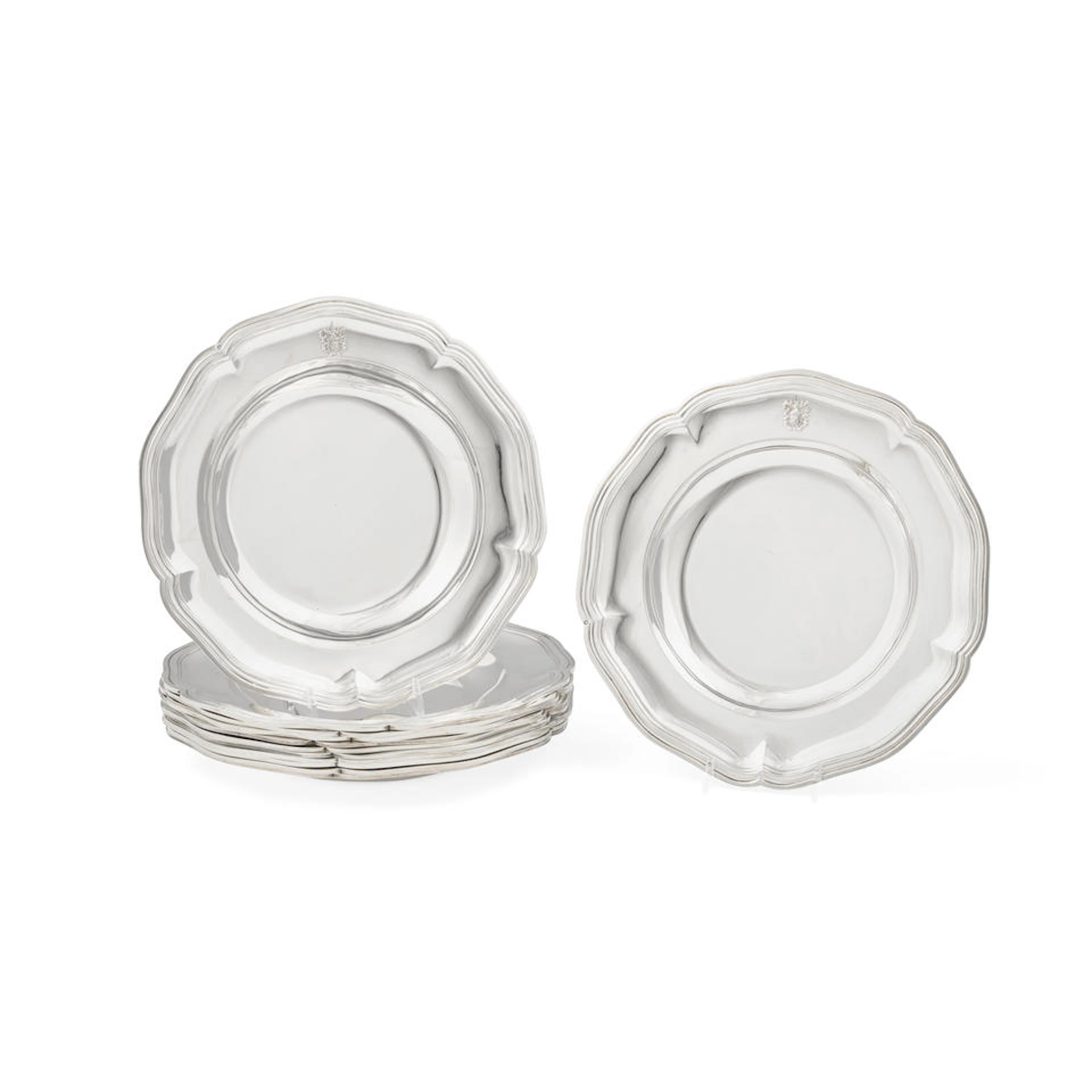 A SET OF TWELVE FRENCH STERLING SILVER DINNER PLATES by...