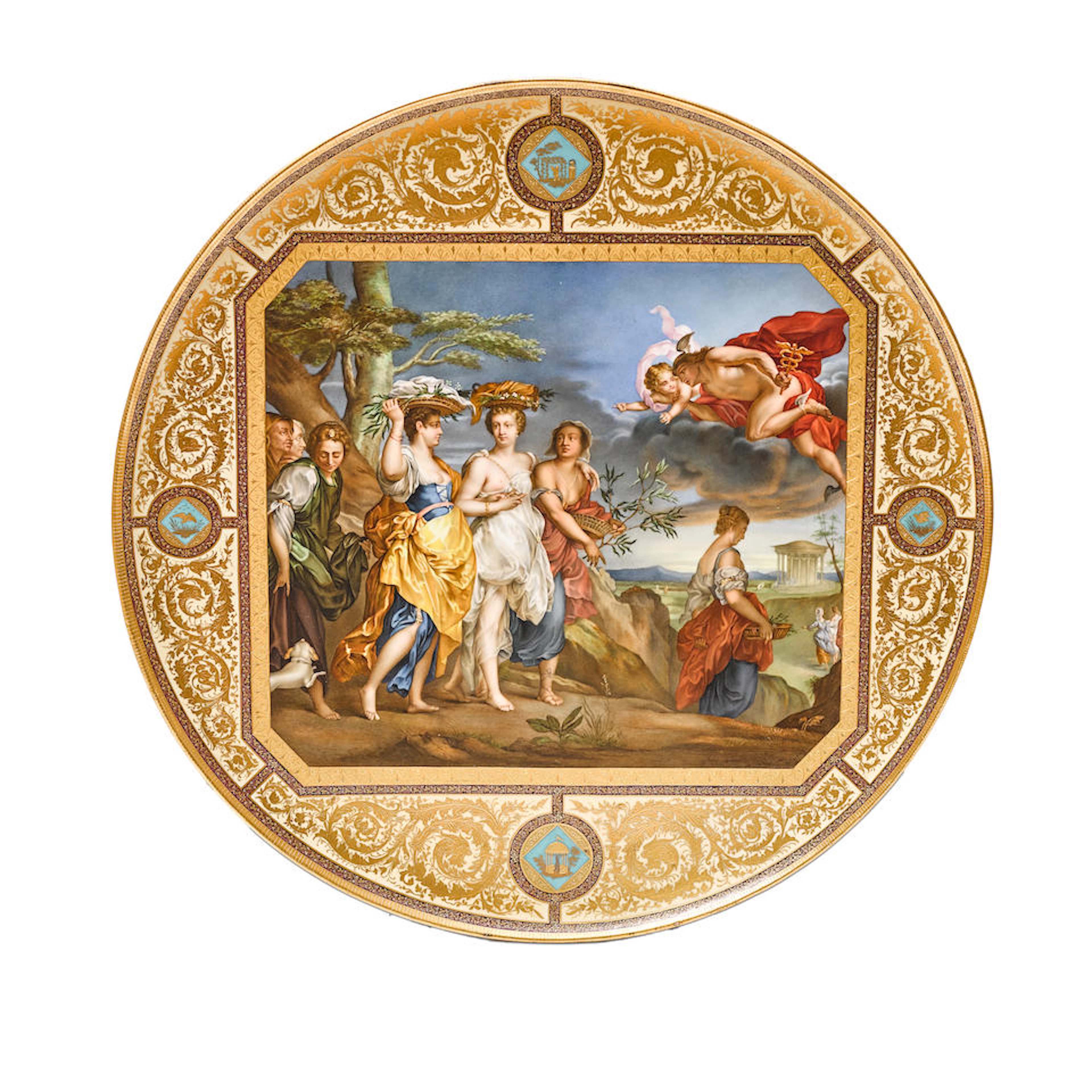 A VIENNA STYLE POLYCHROMED AND GILT PORCELAIN CHARGER...