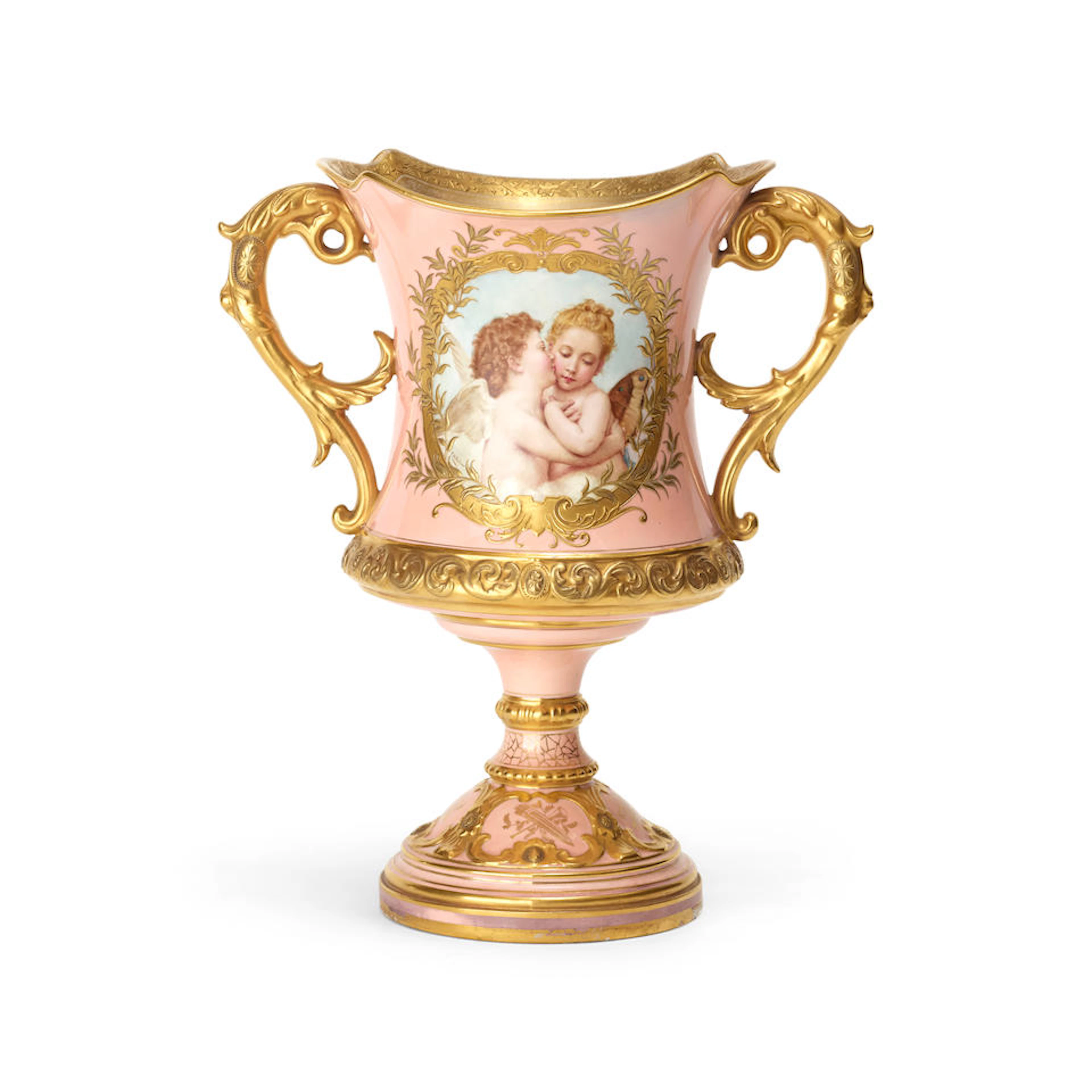 A COALPORT PINK-GROUND TWO-HANDLED LOVING CUPCirca 1900