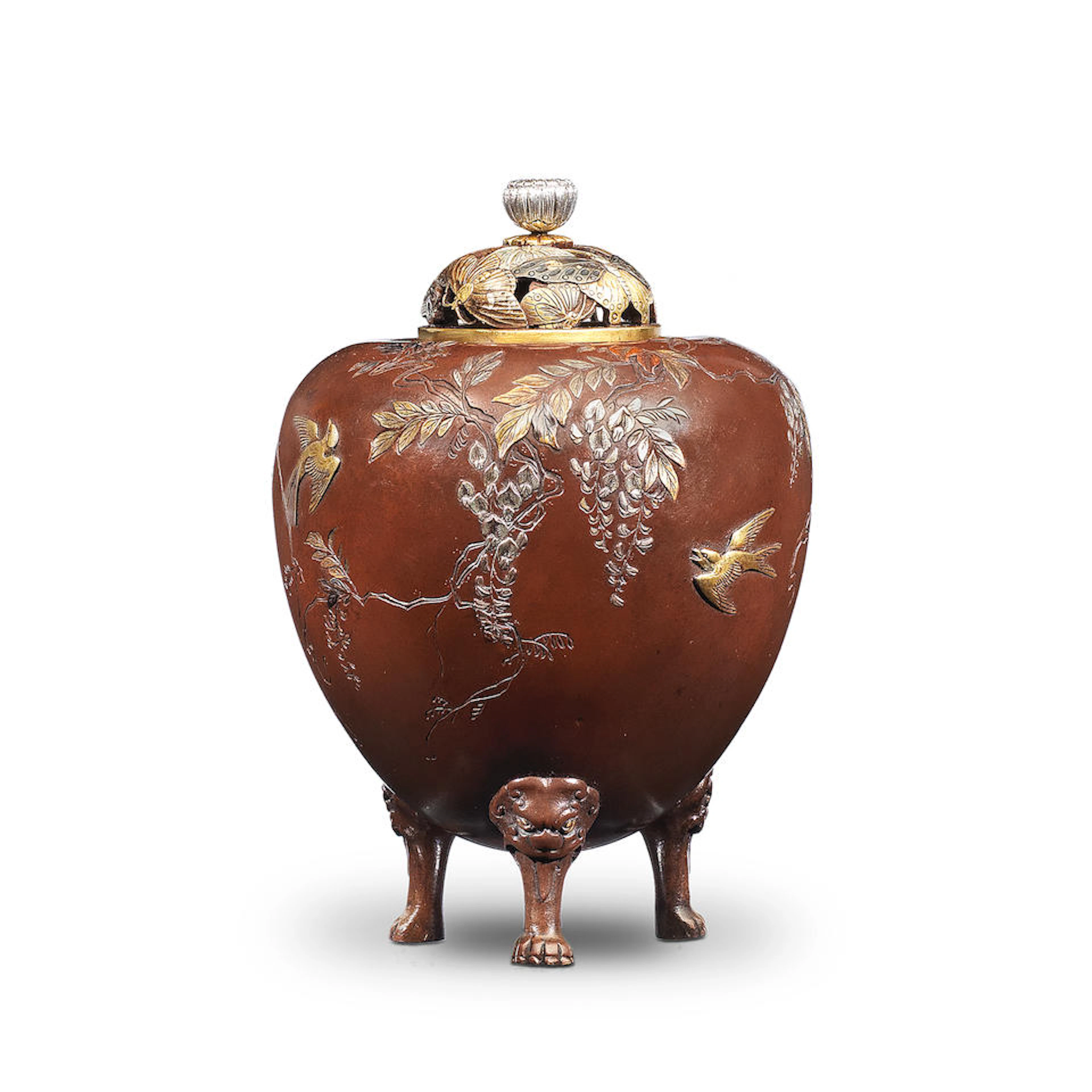 An inlaid bronze koro (incense burner) with en-suite cover By the Inoue company