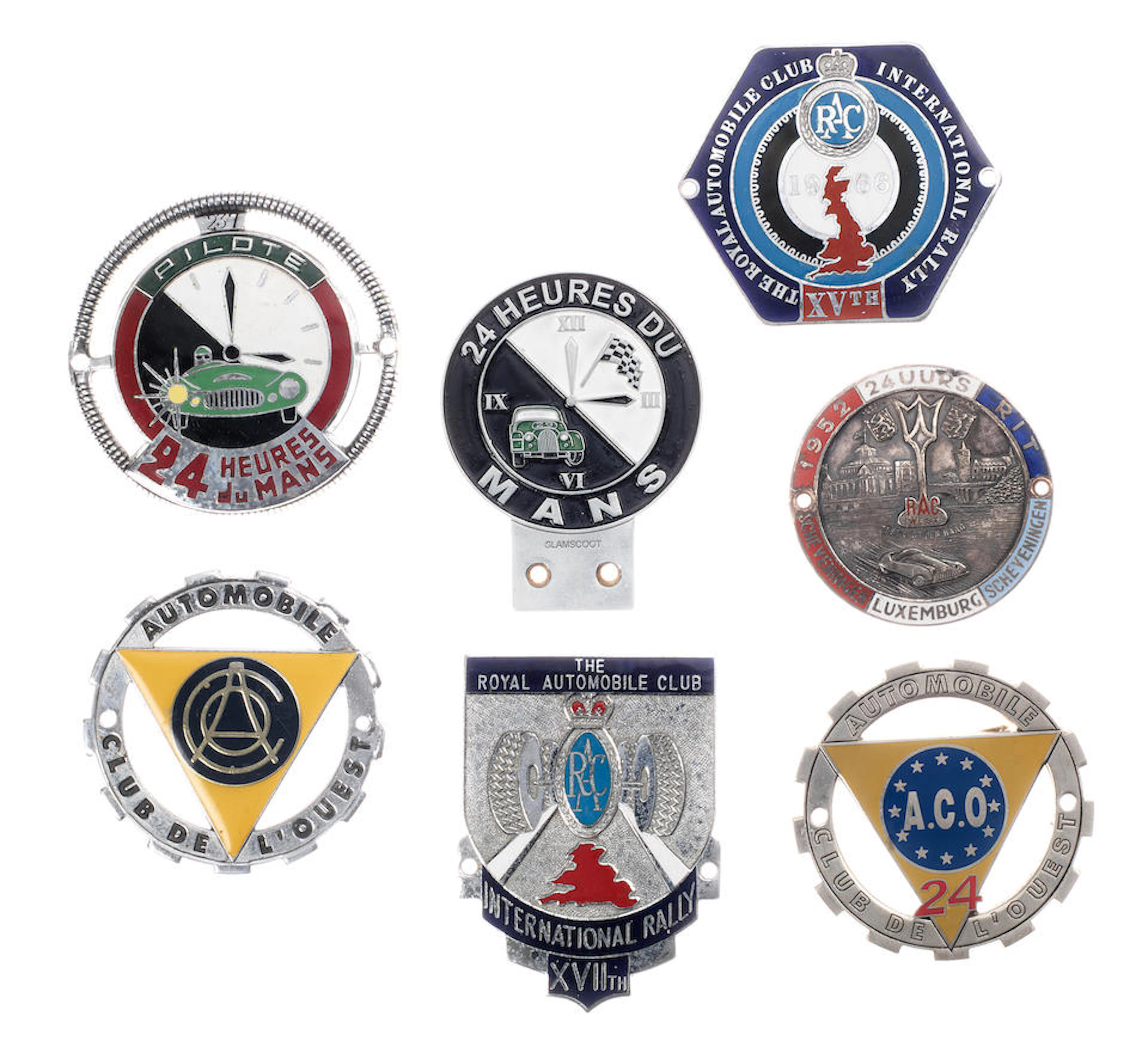 Seven racing and rallying car badges including Le Mans Pilote, ((7))