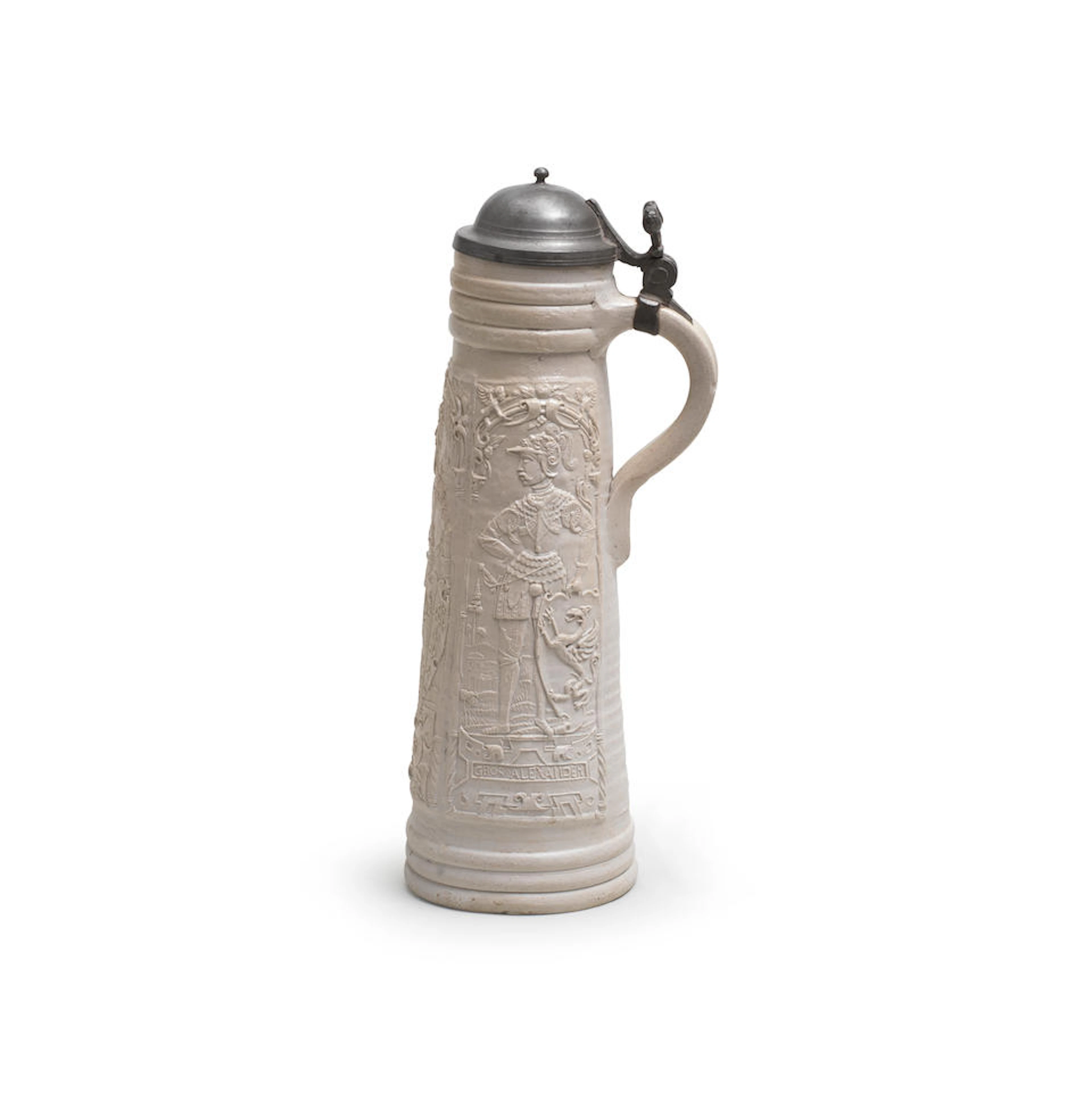 A rare Siegburg stoneware pewter-mounted tankard (Schnelle), circa 1560-70