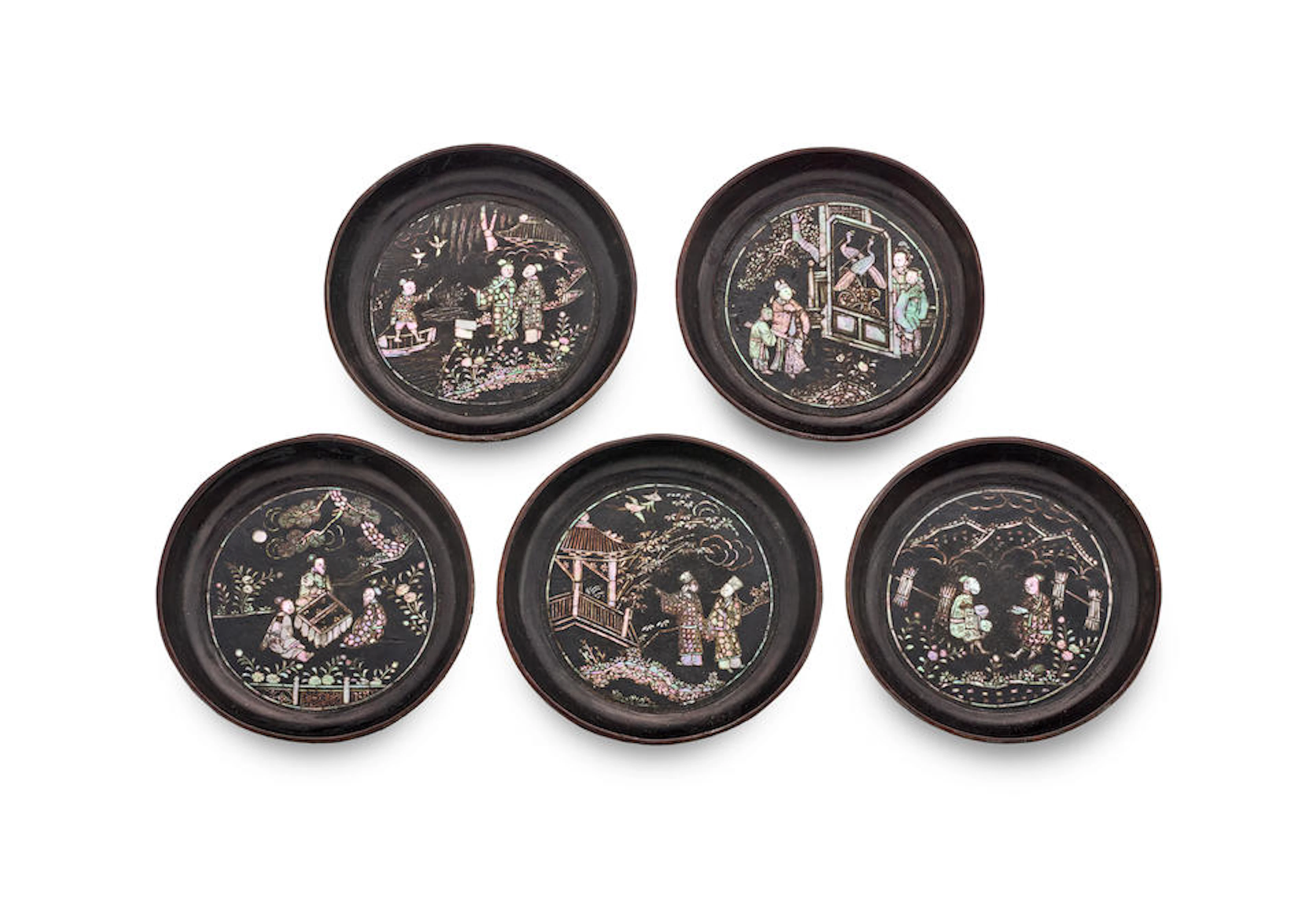 A set of five mother-of-pearl-inlaid black lacquer...