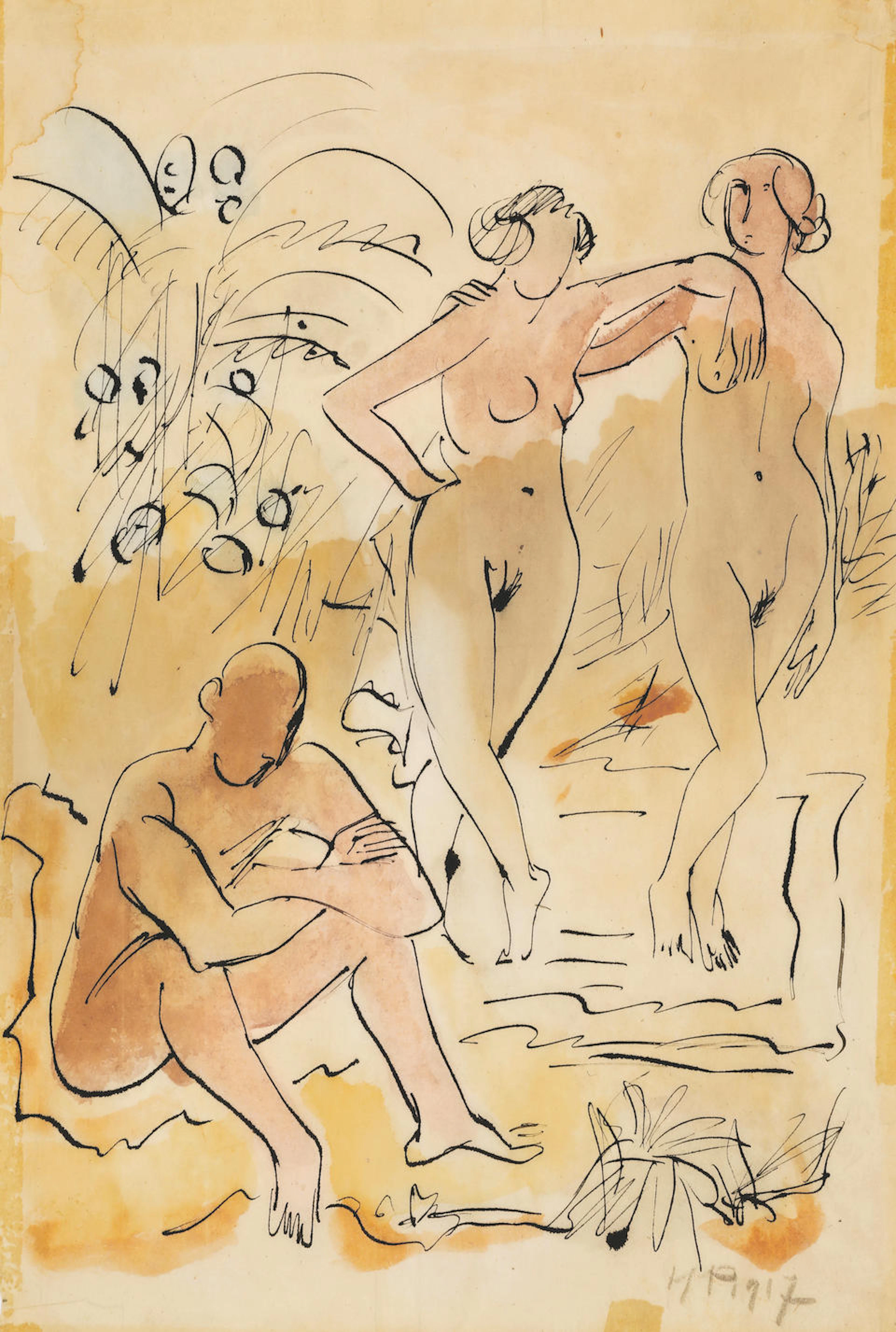 MAX PECHSTEIN (1881-1955) Studie von drei Figuren 19 3/8...