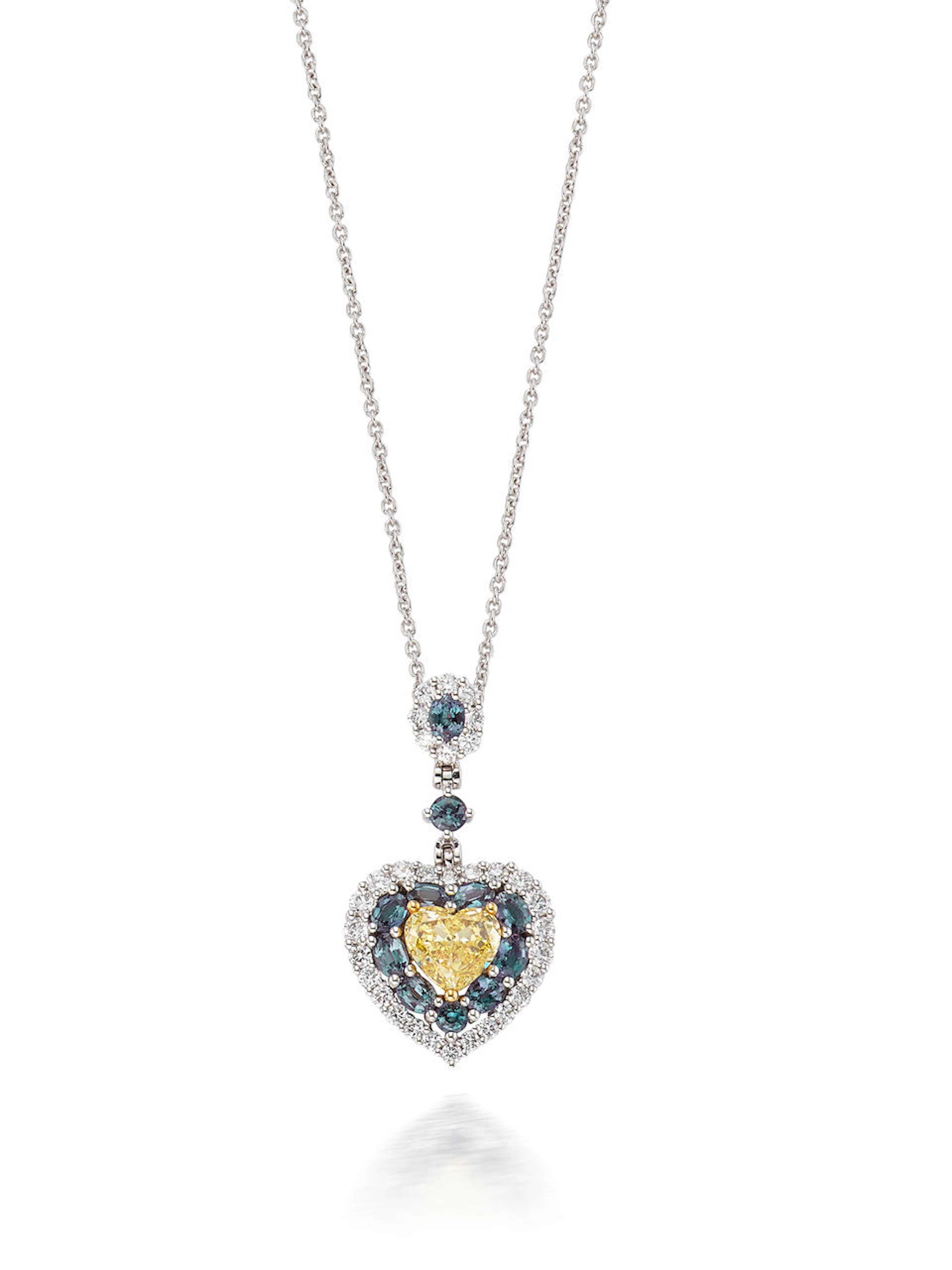 A COLOURED DIAMOND, ALEXANDRITE AND DIAMOND PENDANT NECKLACE