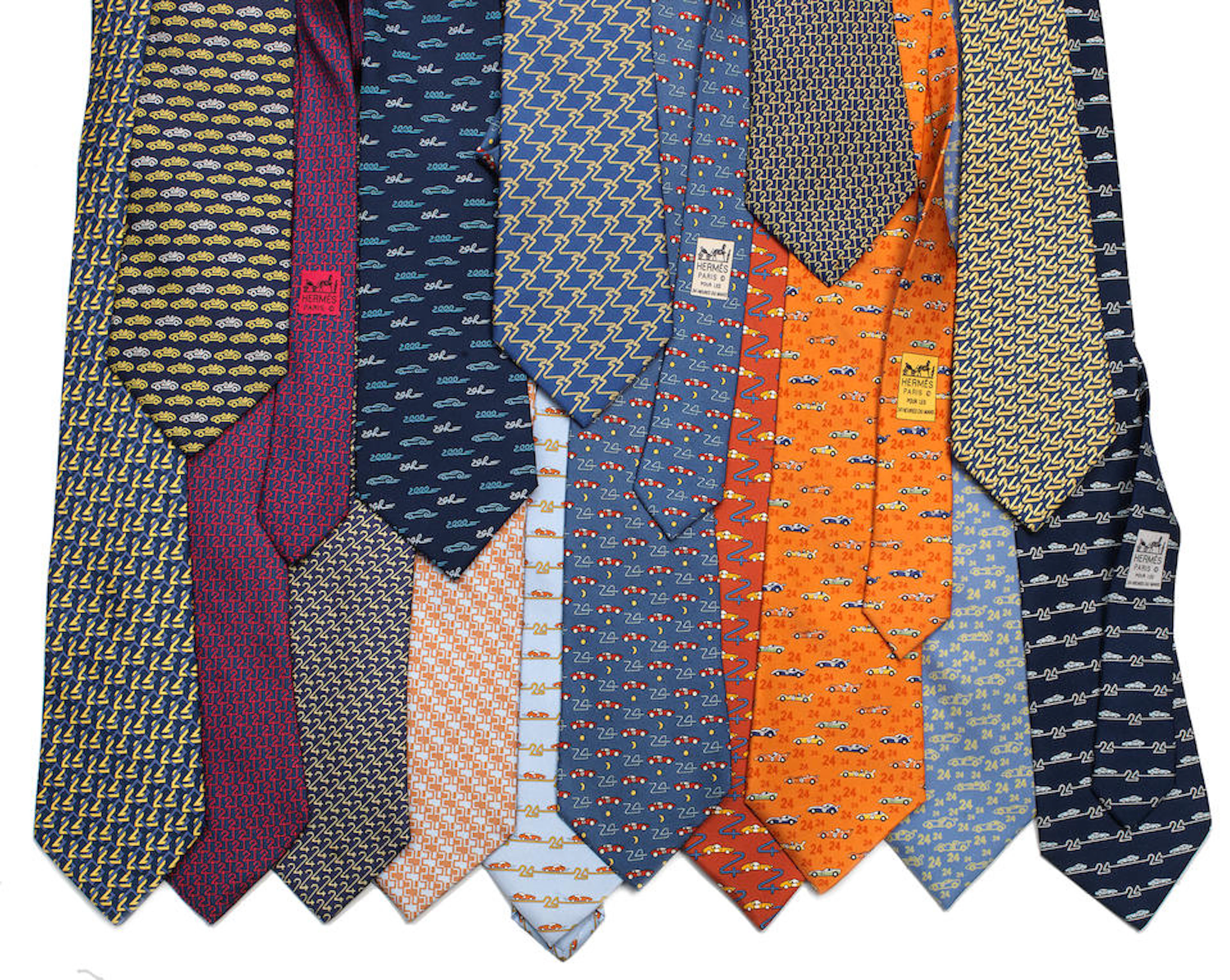A collection of fifteen 'Le Mans 24-Hours' silk ties by Hermes,