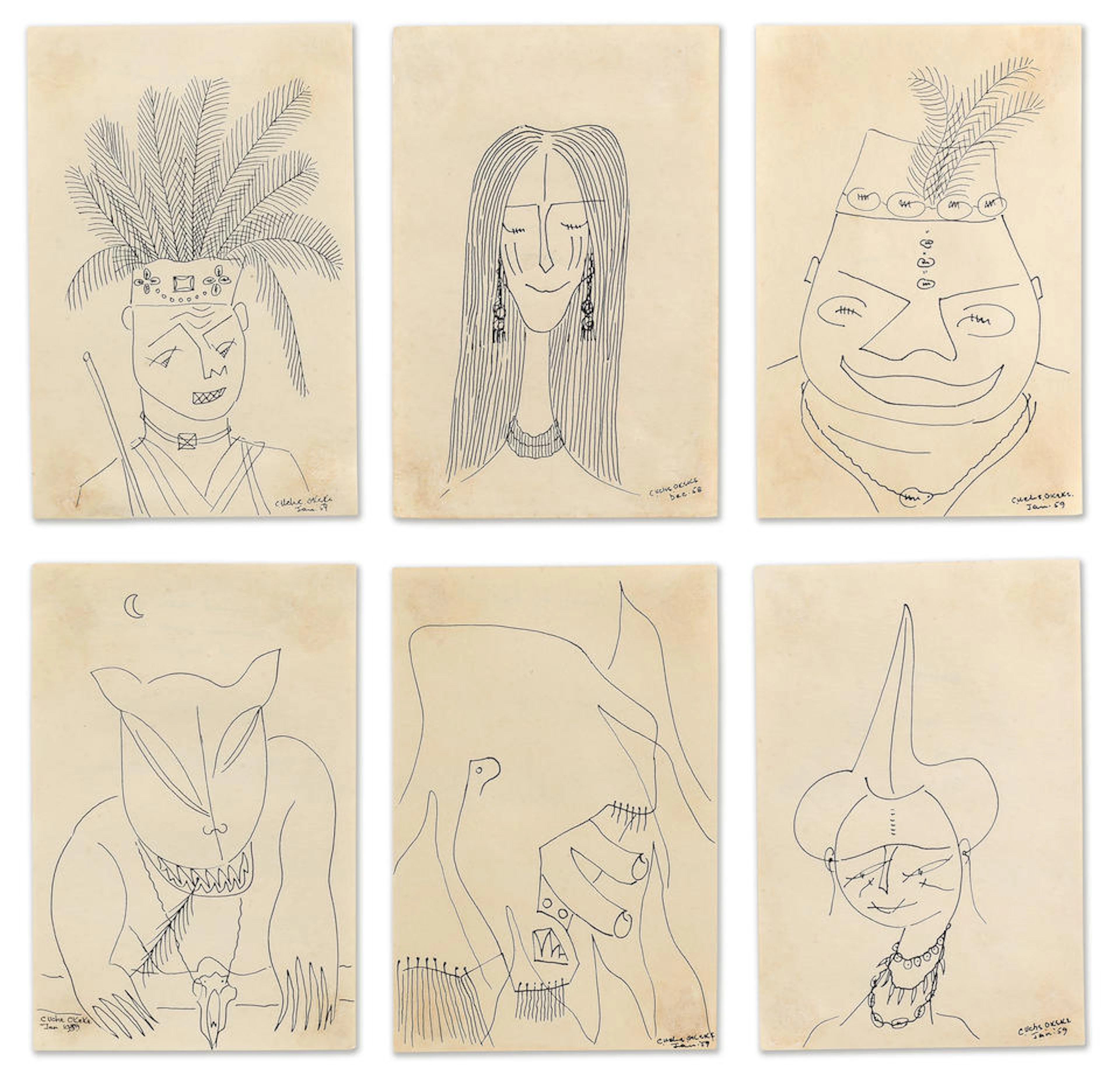 Prof. Uche Okeke (Nigerian, 1933-2016) Oja Suite, six drawings (1959-1962) ((6))