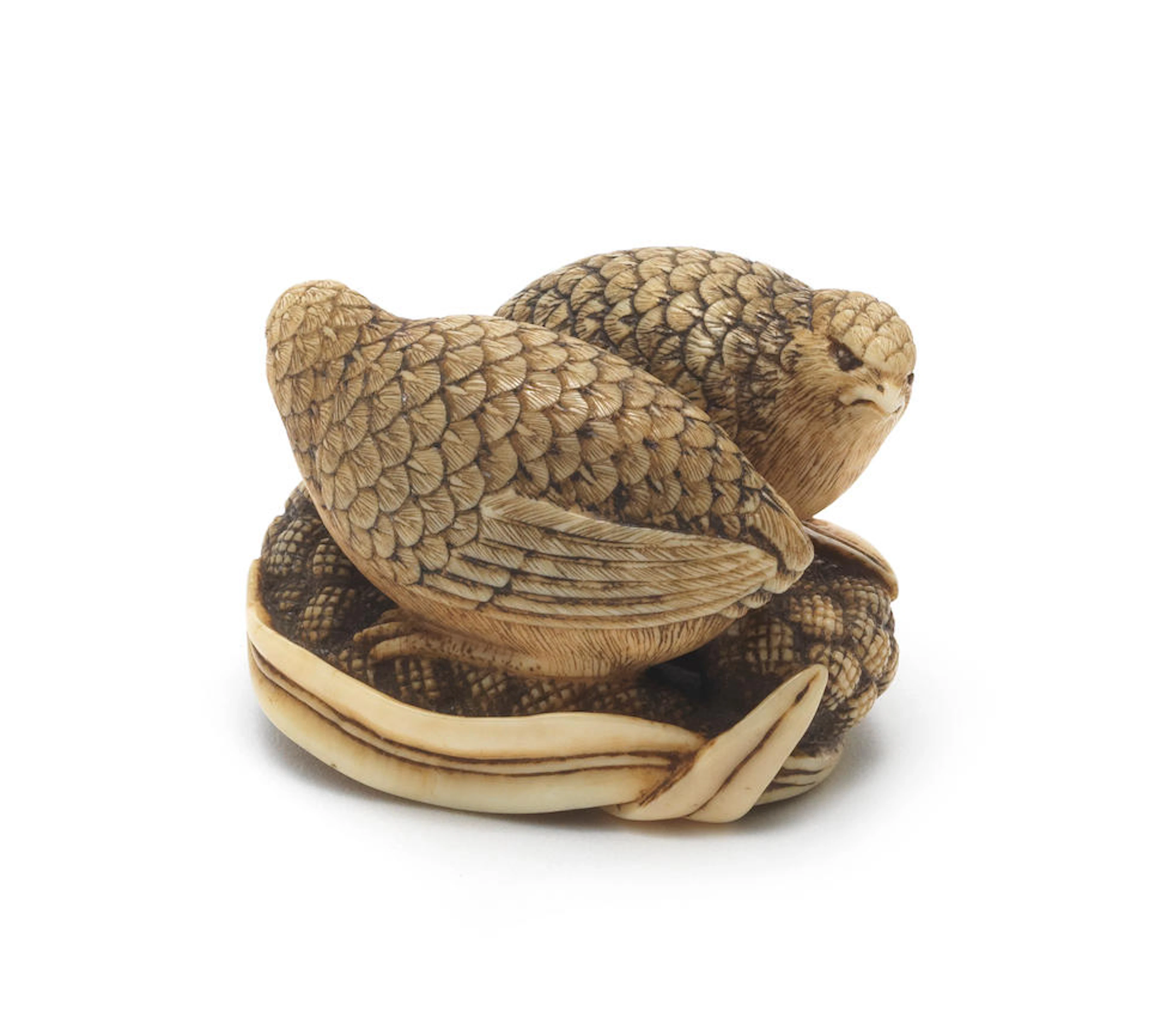 An ivory netsuke of a pair of quails on millet Edo period...