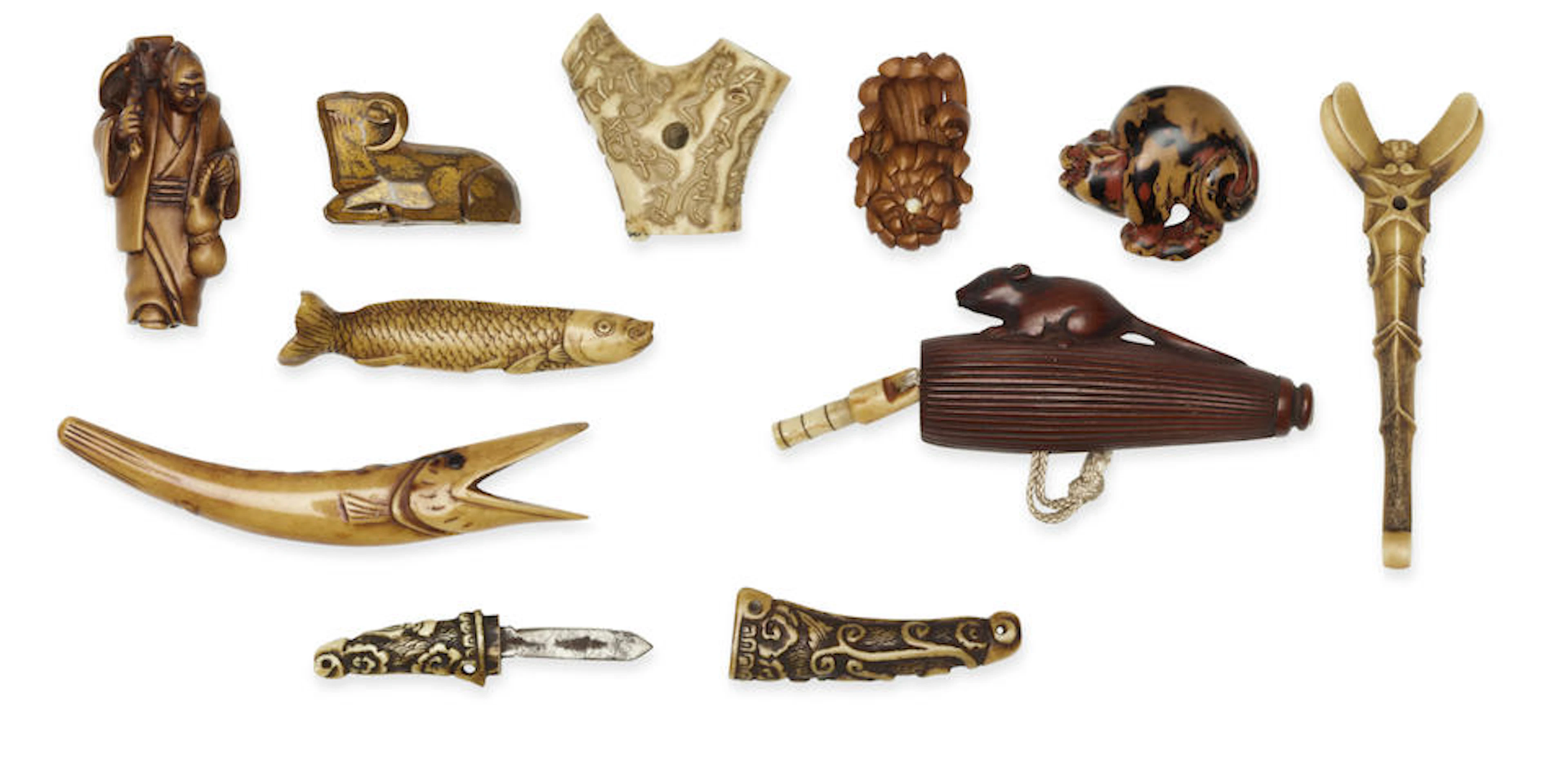 A group of ten wood and stag-antler netsuke Edo period...