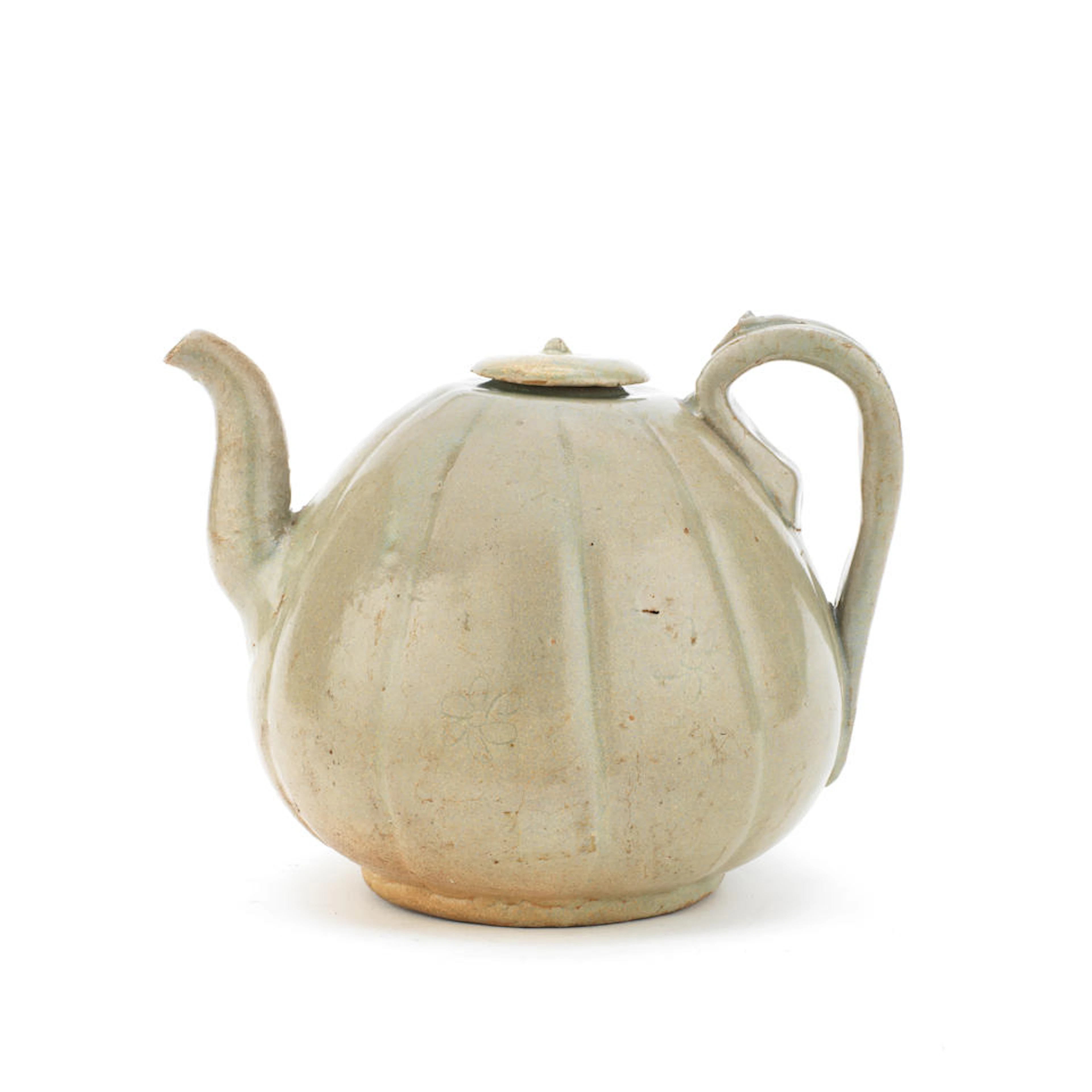 A CELADON GLAZED MELON-SHAPED TEAPOT AND A COVER Korea, Goryeo Dynasty (2)