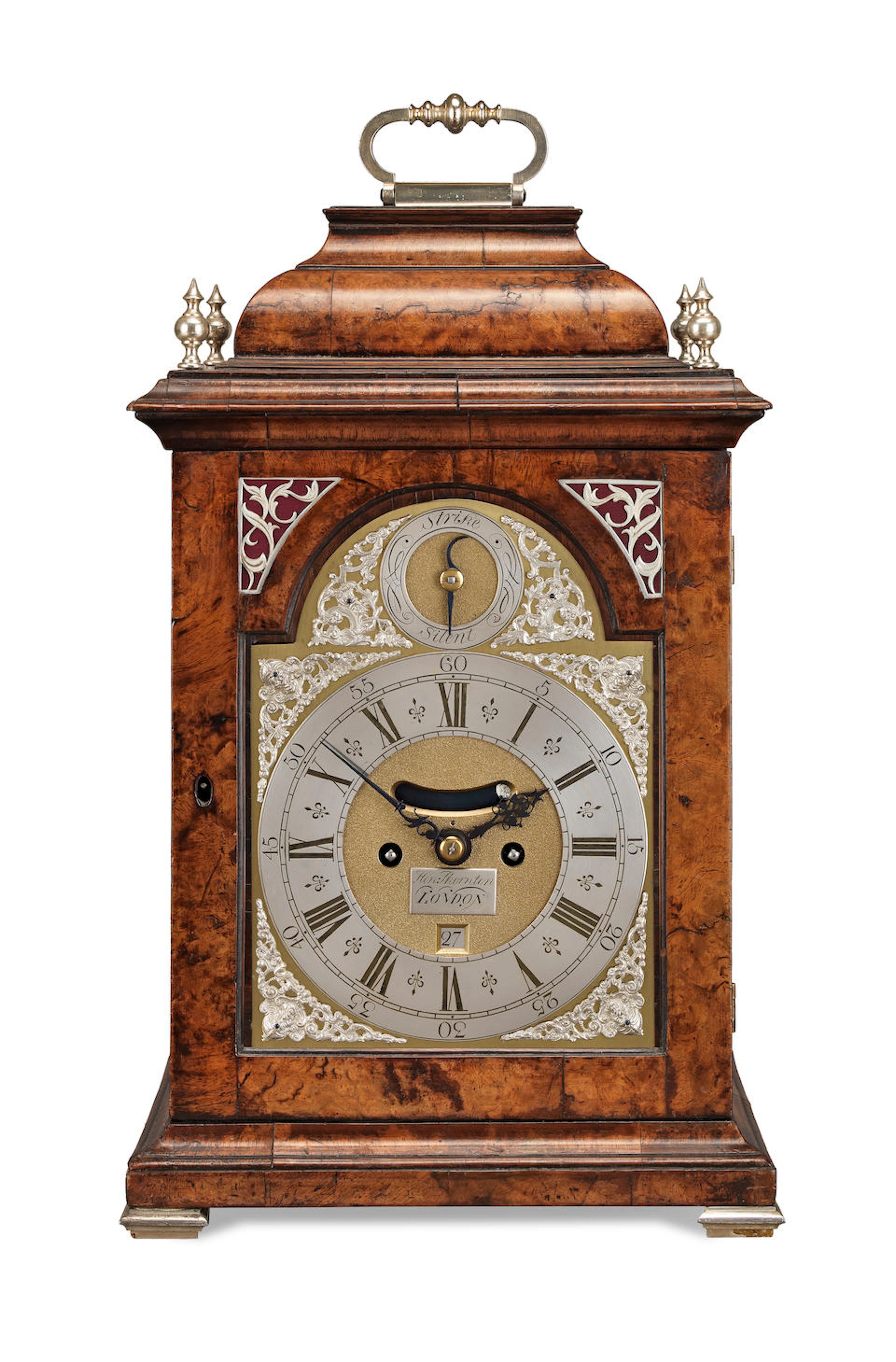 A fine early-mid 18th century burr walnut silver-mounted