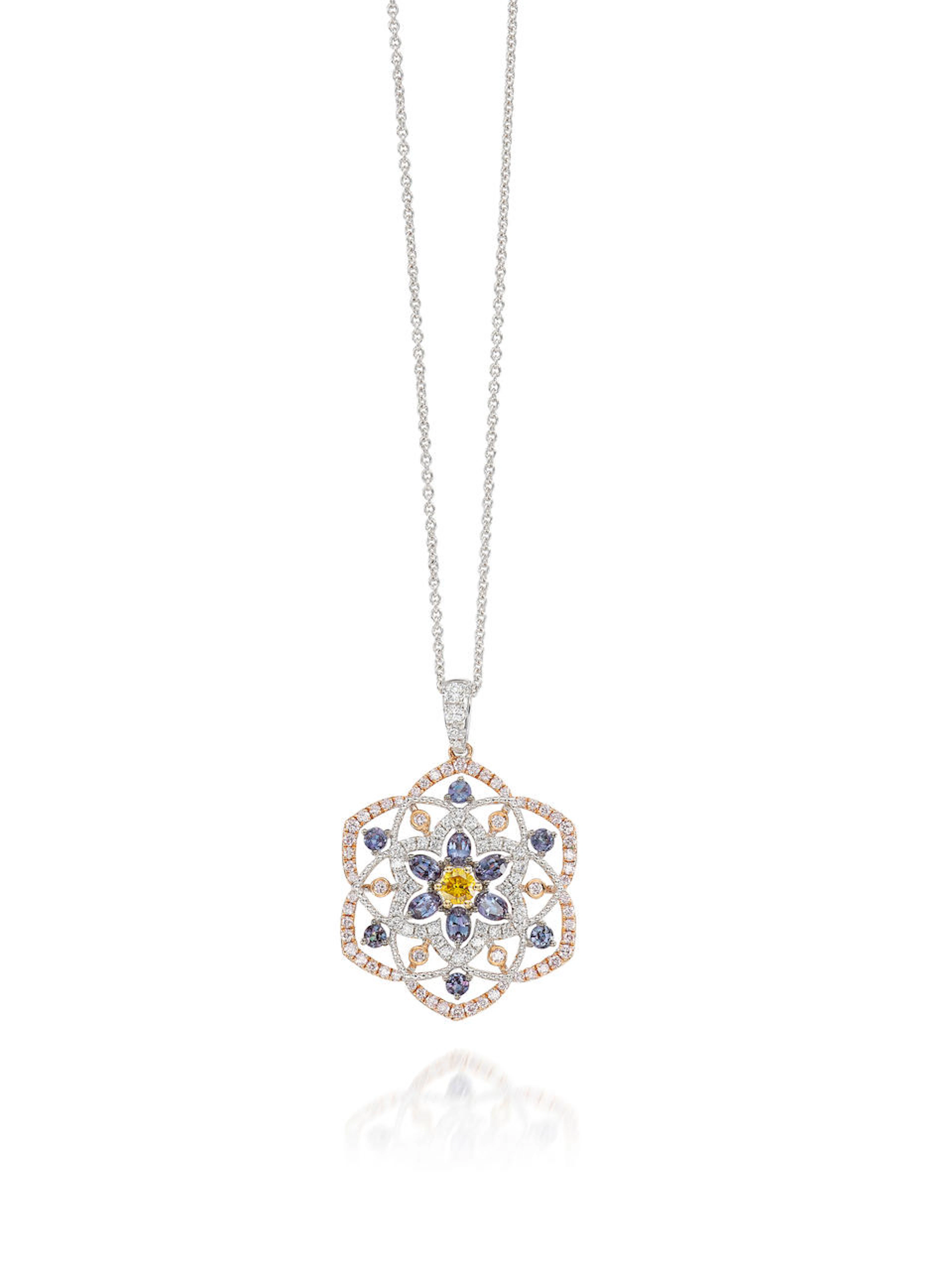 A COLOURED DIAMOND, ALEXANDRITE CHRYSOBERYL AND DIAMOND PENDANT NECKLACE