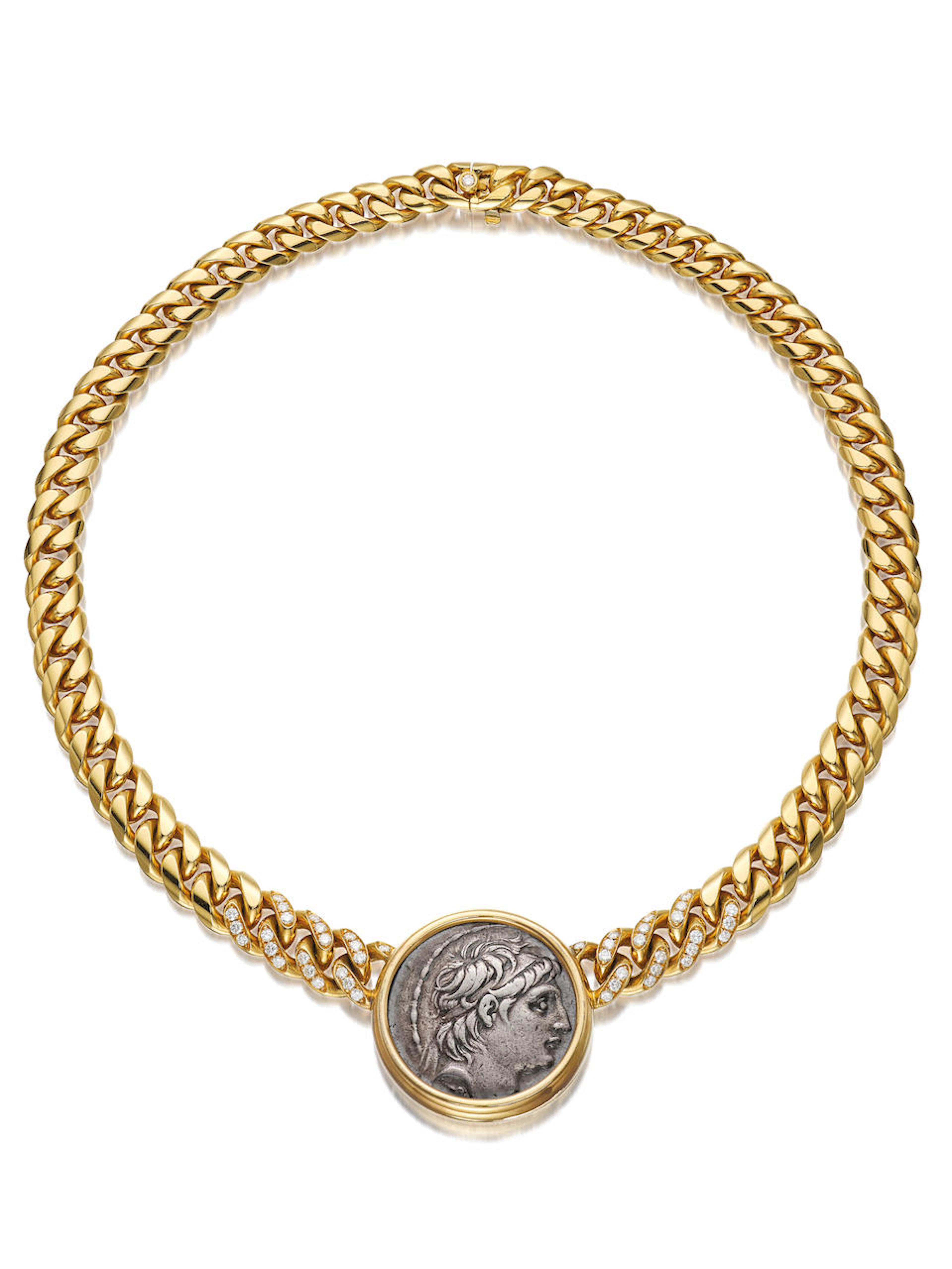 BULGARI: AN ANCIENT SILVER COIN, 18K GOLD AND DIAMOND 'MONETE' NECKLACE