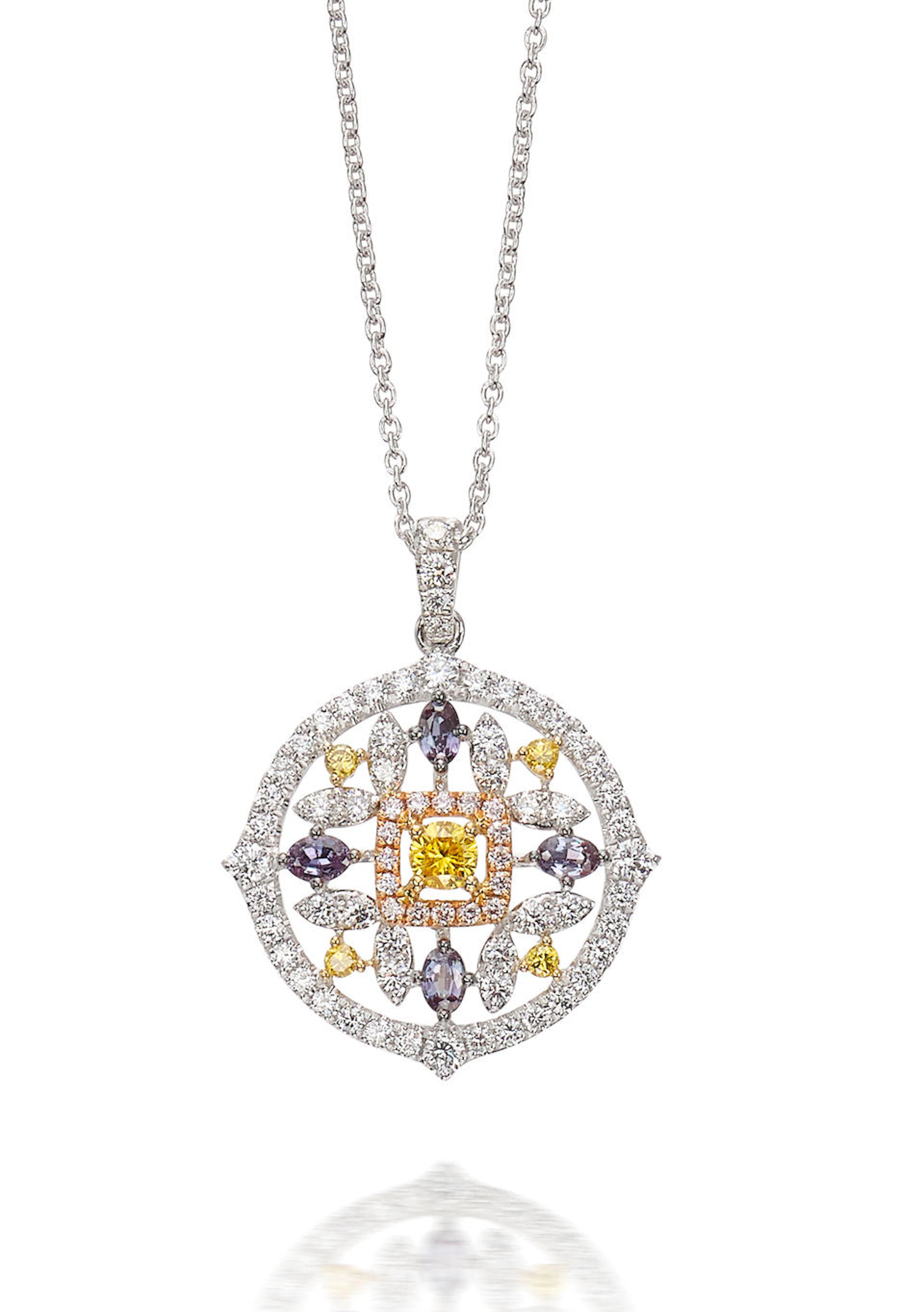 A FANCY VIVID ORANGY YELLOW DIAMOND, ALEXANDRITE AND DIAMOND PENDANT NECKLACE