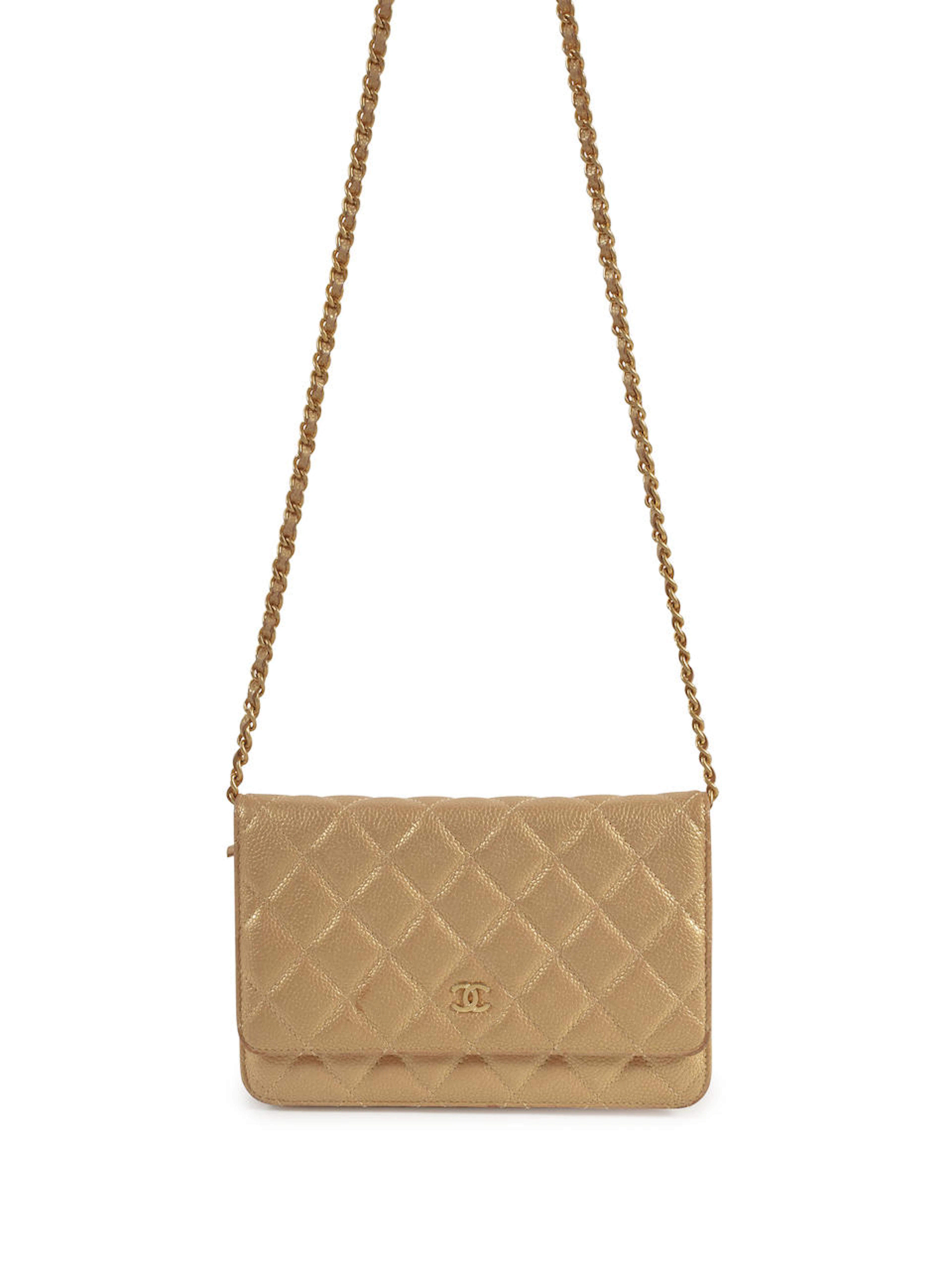 CHANEL: PEARLY GOLD CAVIAR WALLET ON CHAIN