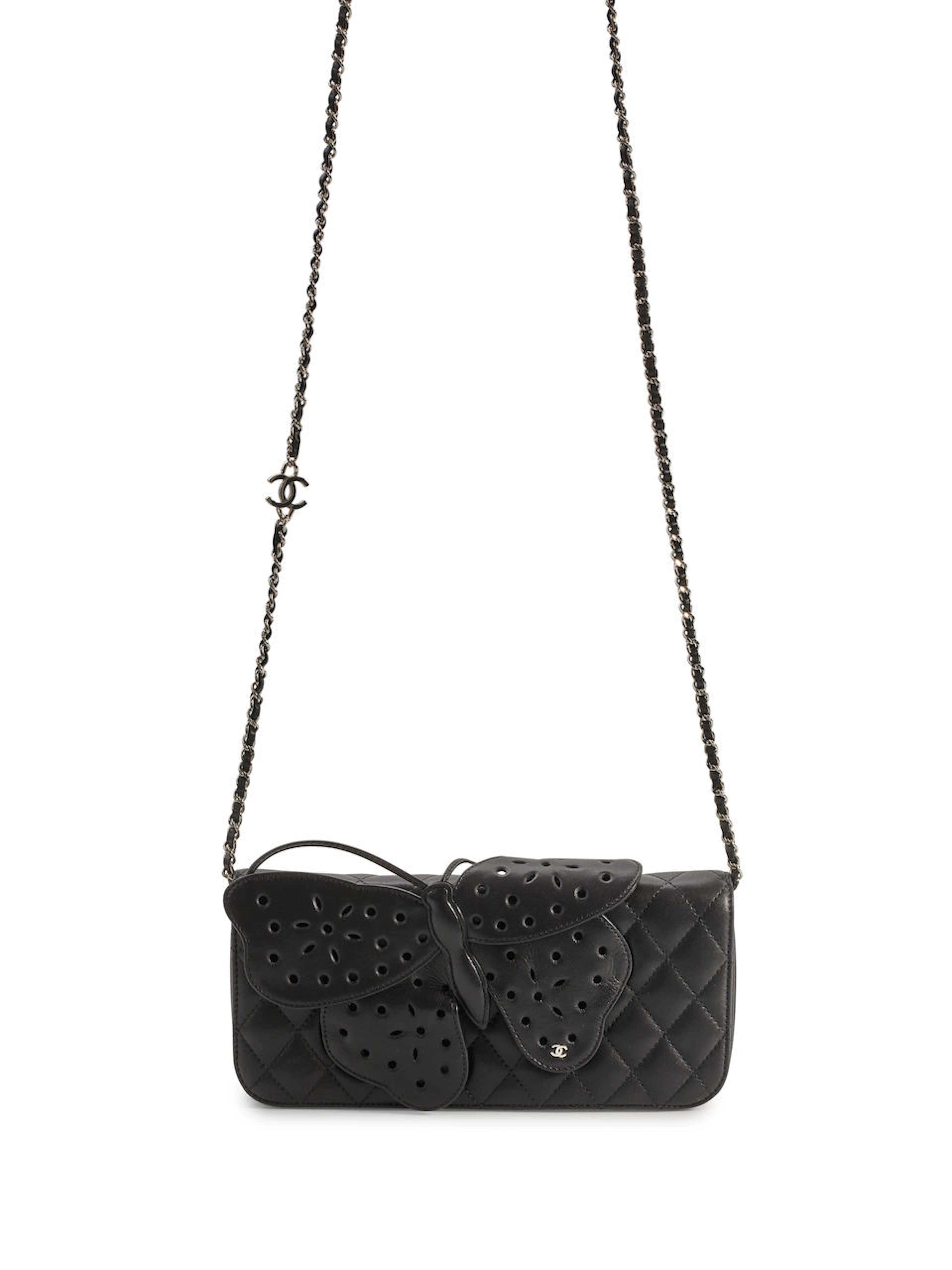 CHANEL: BUTTERFLY WALLET ON SILVER PLATED CHAIN (includes serial sticker