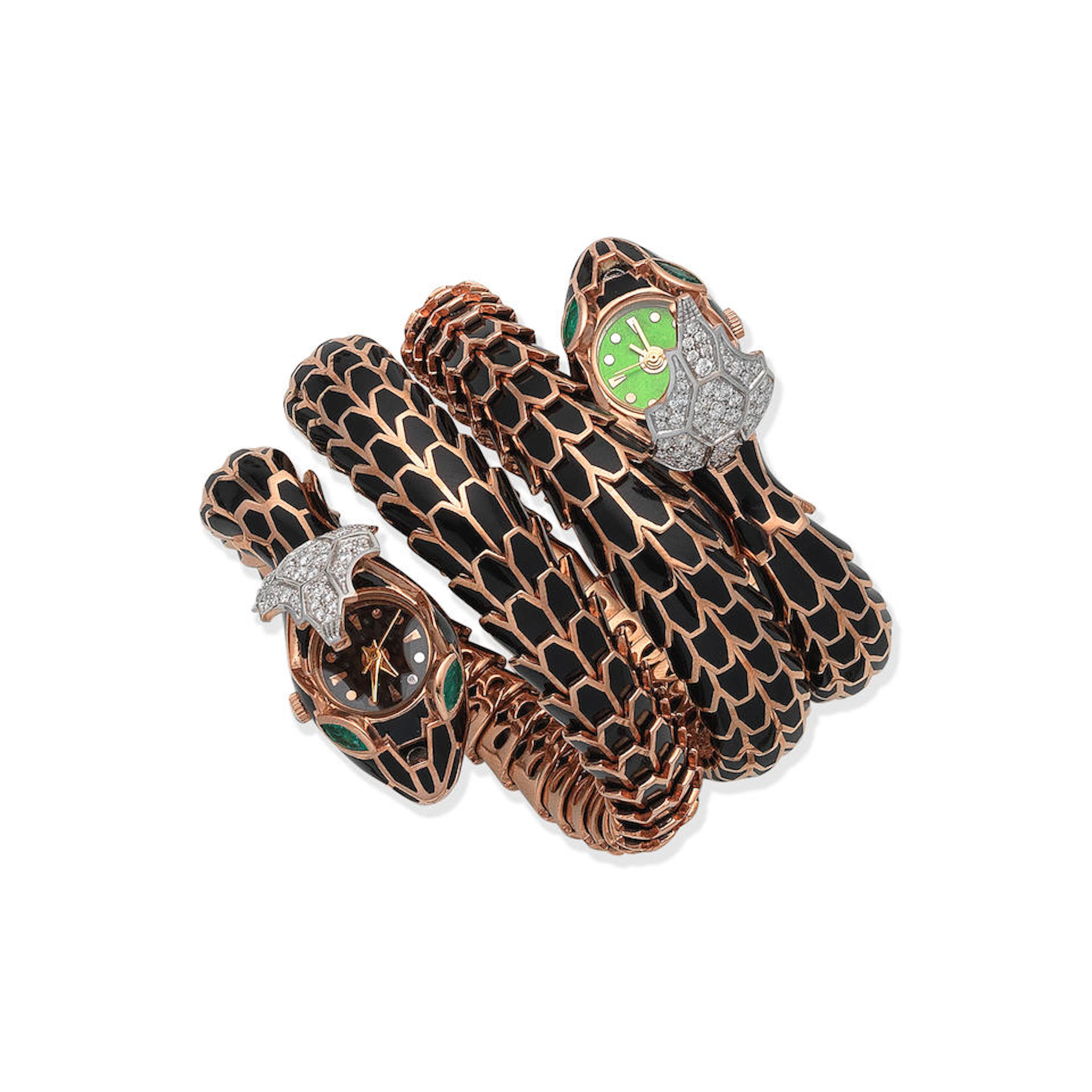 BLACK ENAMEL AND GEM-SET SNAKE BRACELET/WATCH