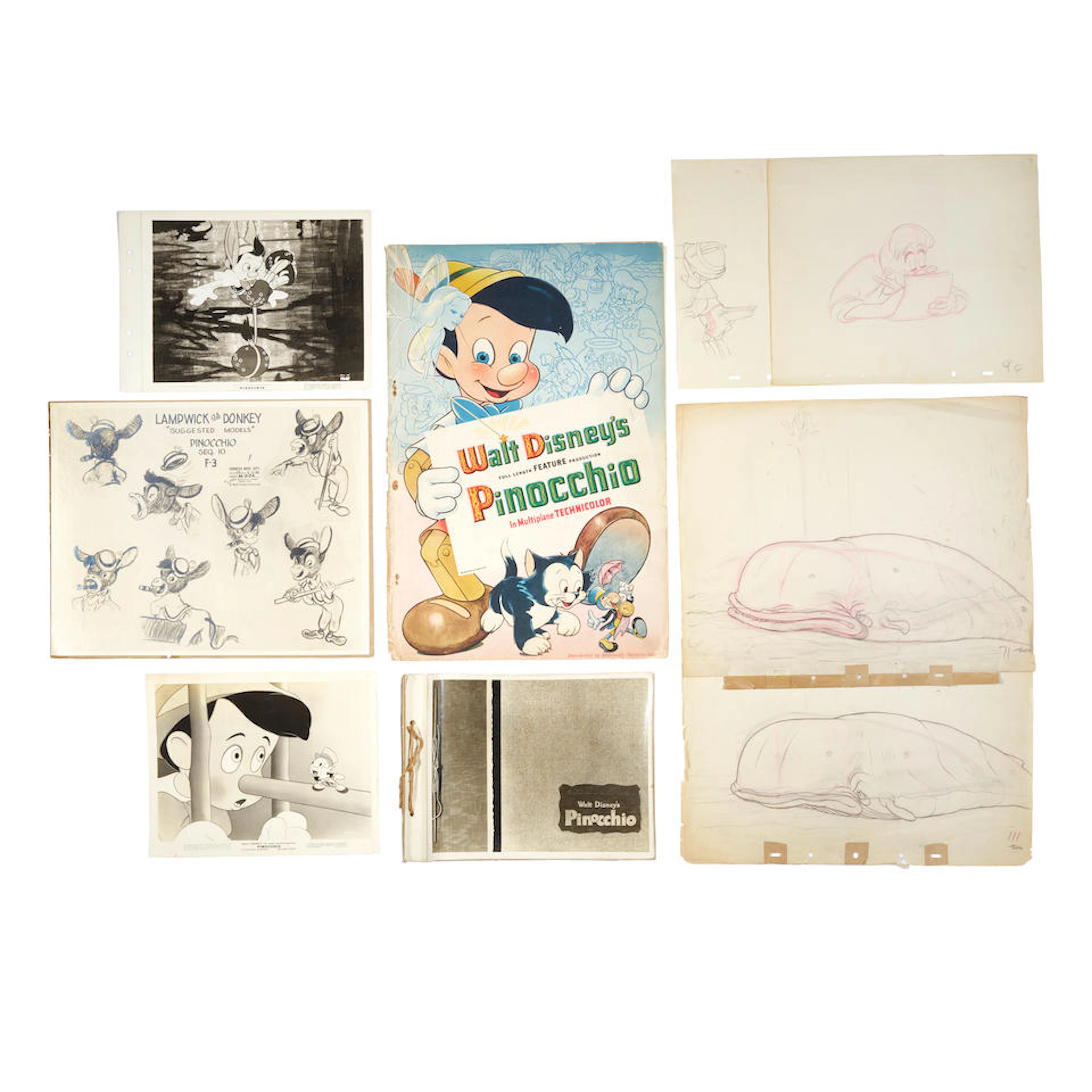 A group of animation drawings, keybook stills, and ephemera from Pinocchio