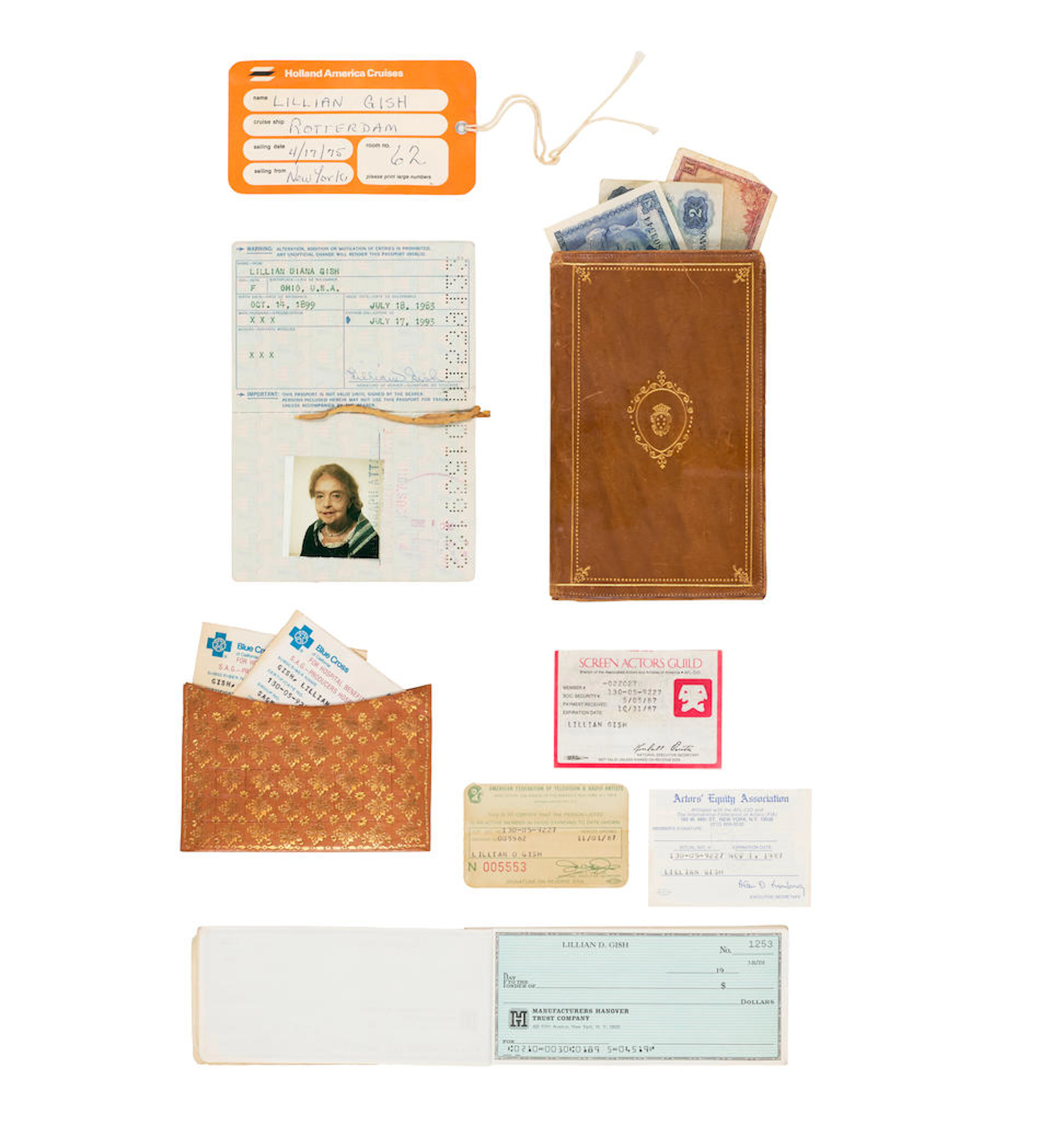 A Lillian Gish Passport and check book, two travel wallets and plane tag
