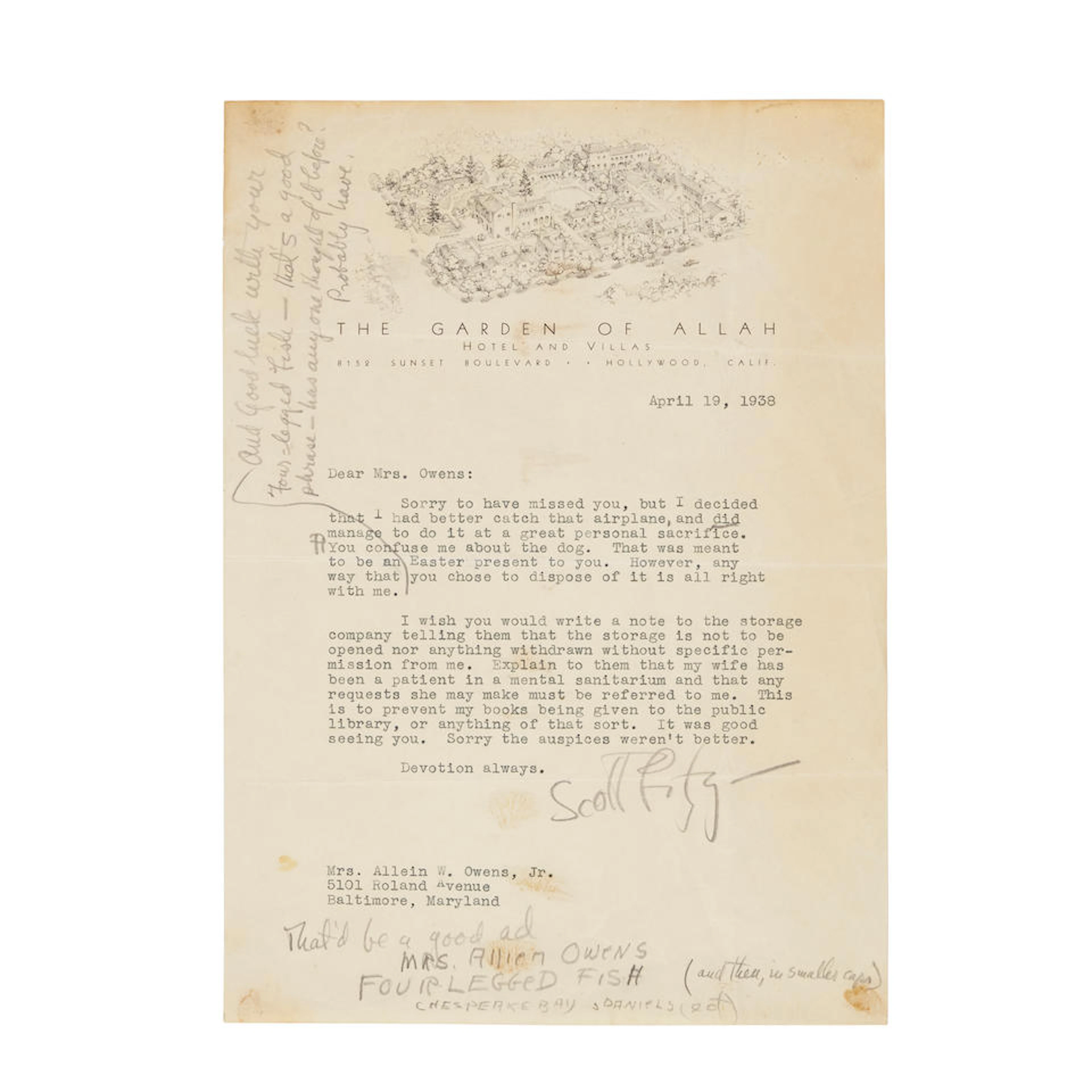 FITZGERALD WRITES TO HIS BALTIMORE SECRETARY ABOUT ZELDA