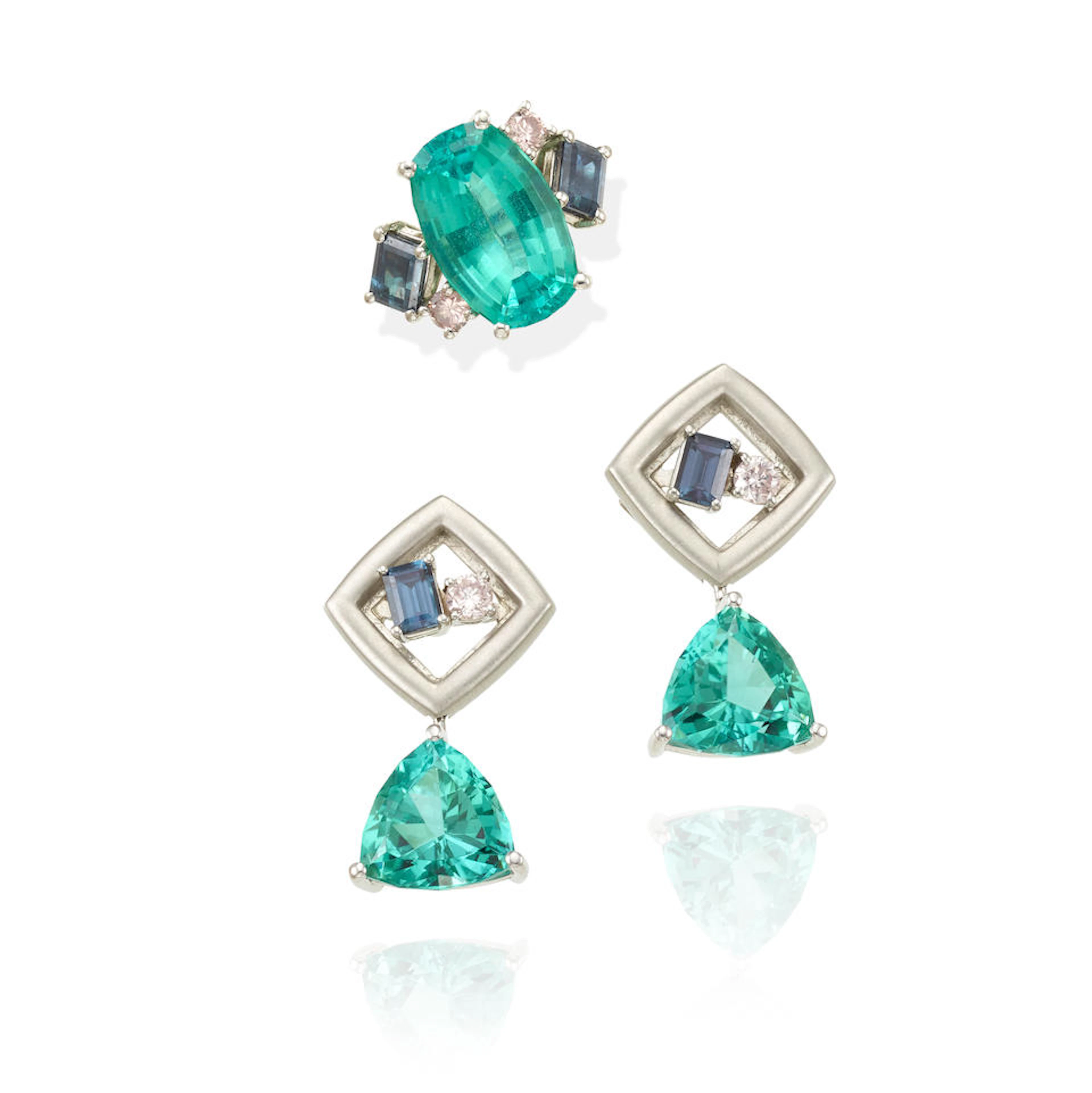 A PLATINUM, 14K WHITE GOLD, GEM-SET AND DIAMOND RING AND EARRING SET