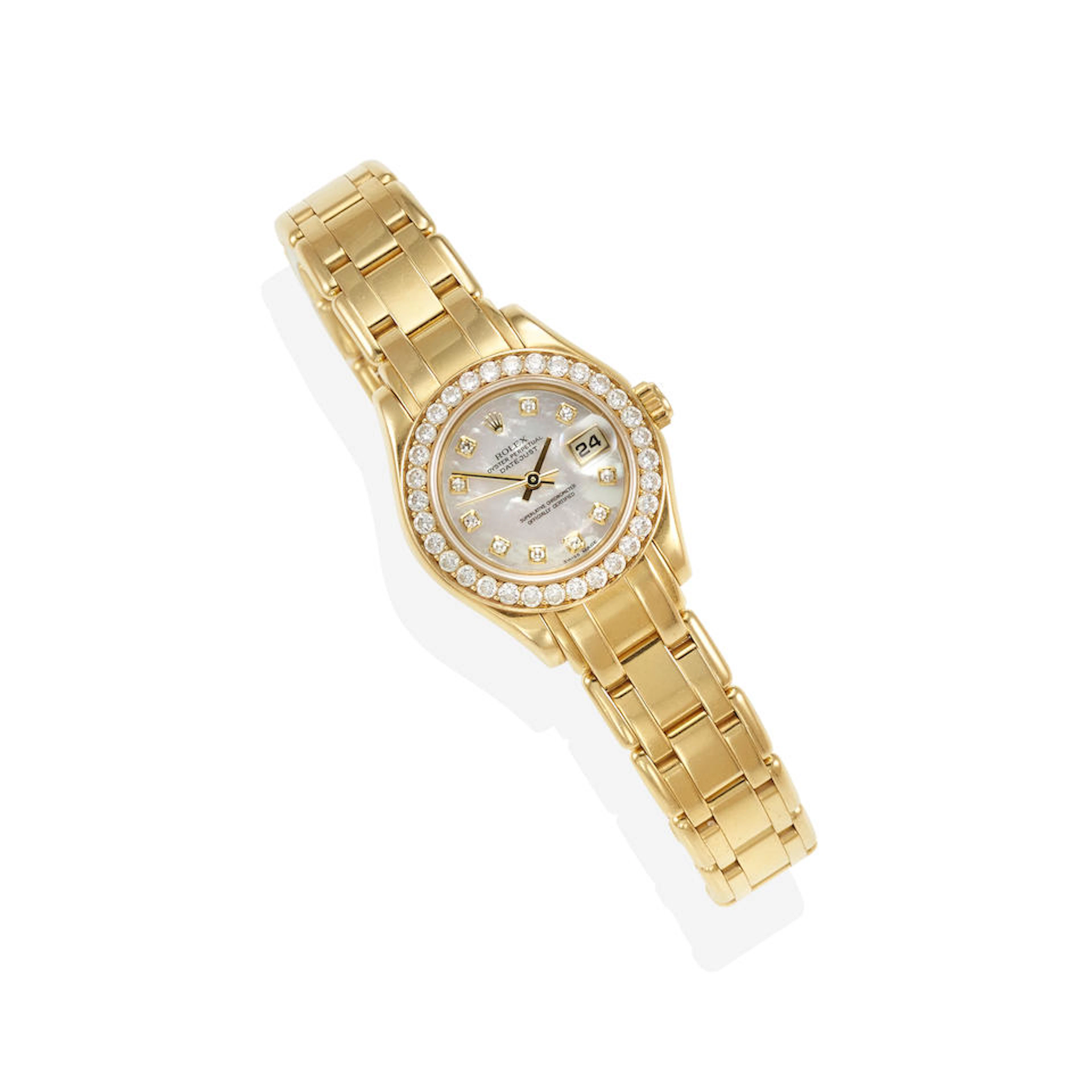 ROLEX: AN 18K GOLD AND DIAMOND DATEJUST PEARLMASTER LADIES WRISTWATCH