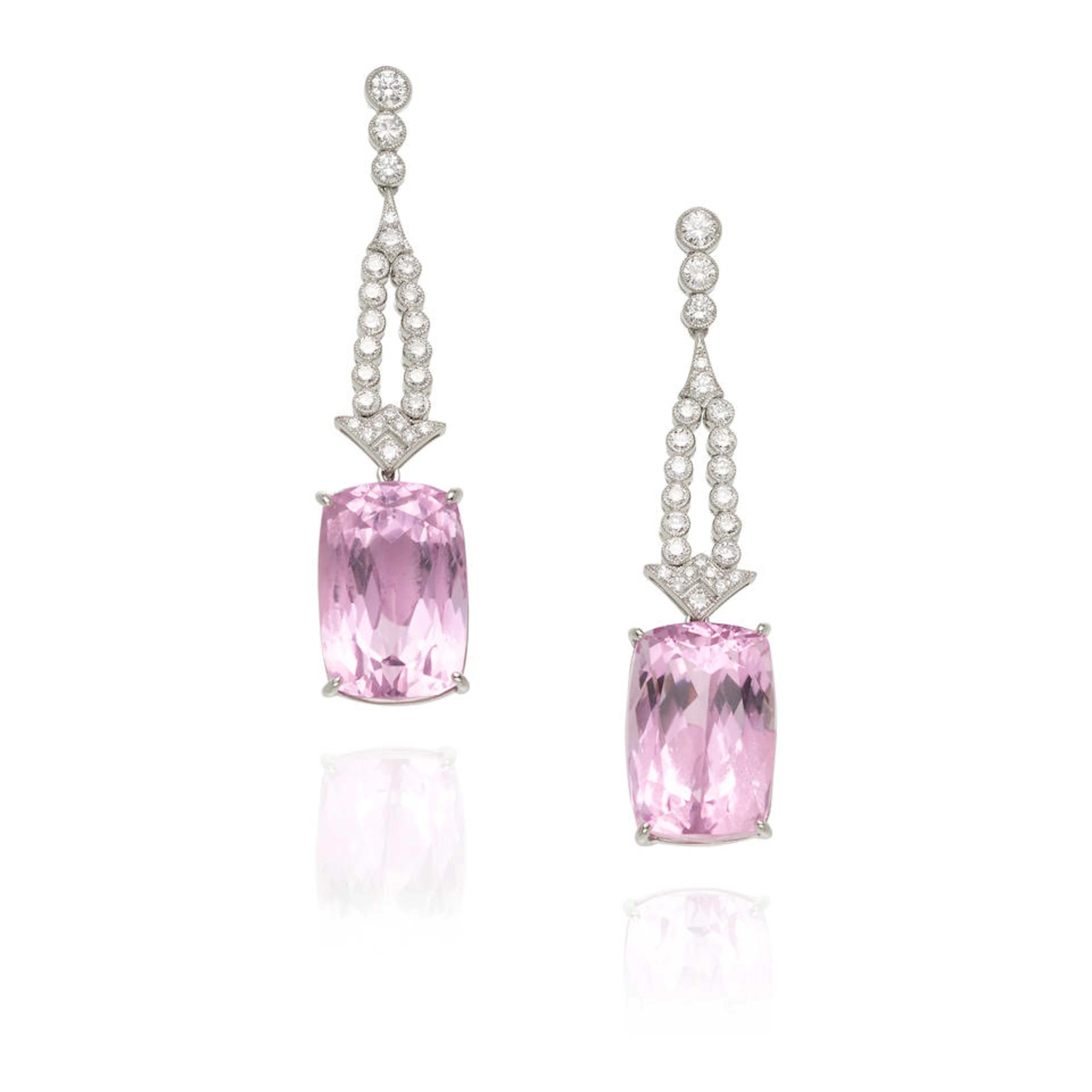 A PAIR OF KUNZITE AND DIAMOND EAR PENDANTS