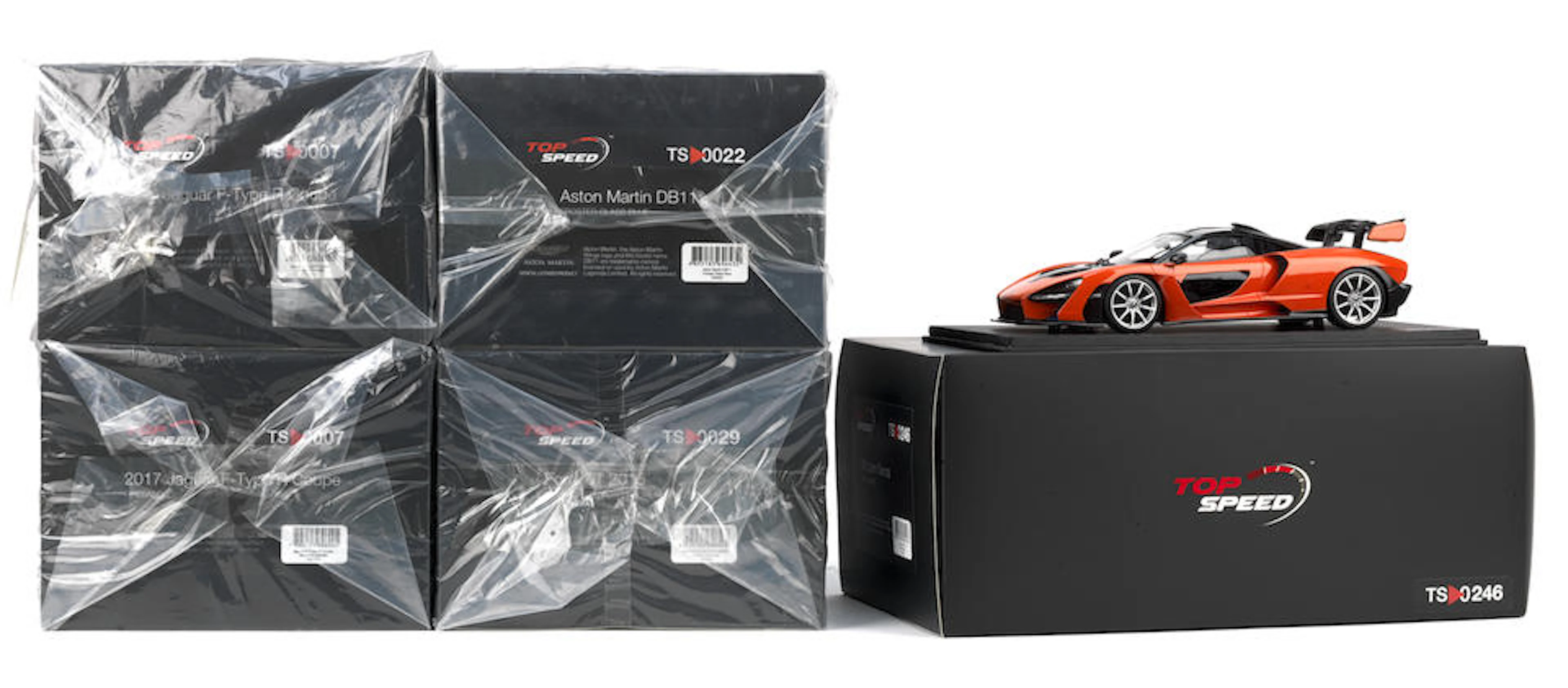 Five boxed 1:18 scale model cars by Top Speed, ((5))