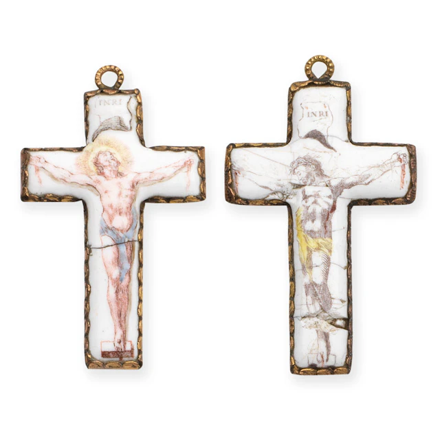 Two Battersea enamel crucifixes, circa 1753-56
