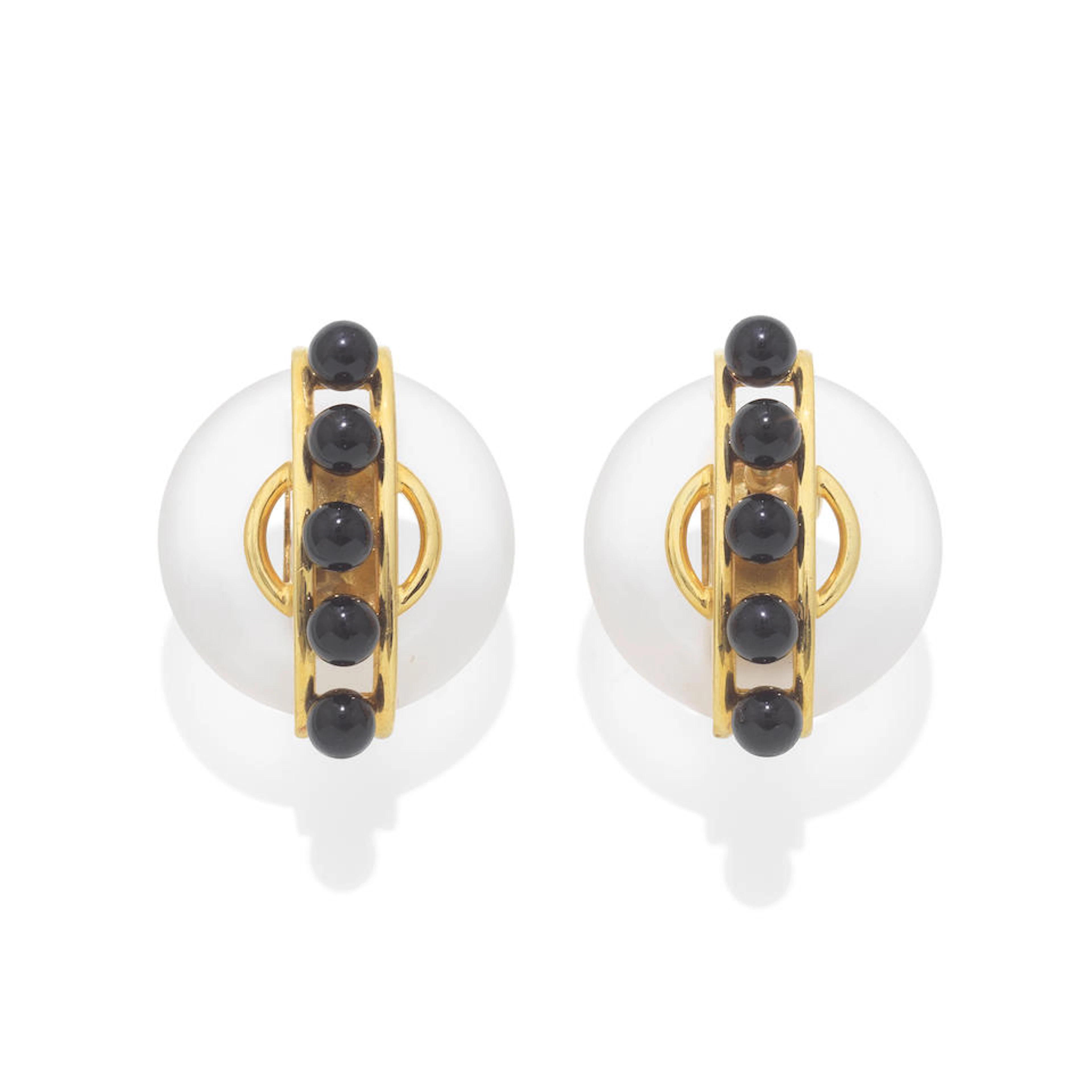 ALDO CIPULLO FOR CARTIER: ROCK CRYSTAL AND ONYX BEAD EARCLIPS, 1972
