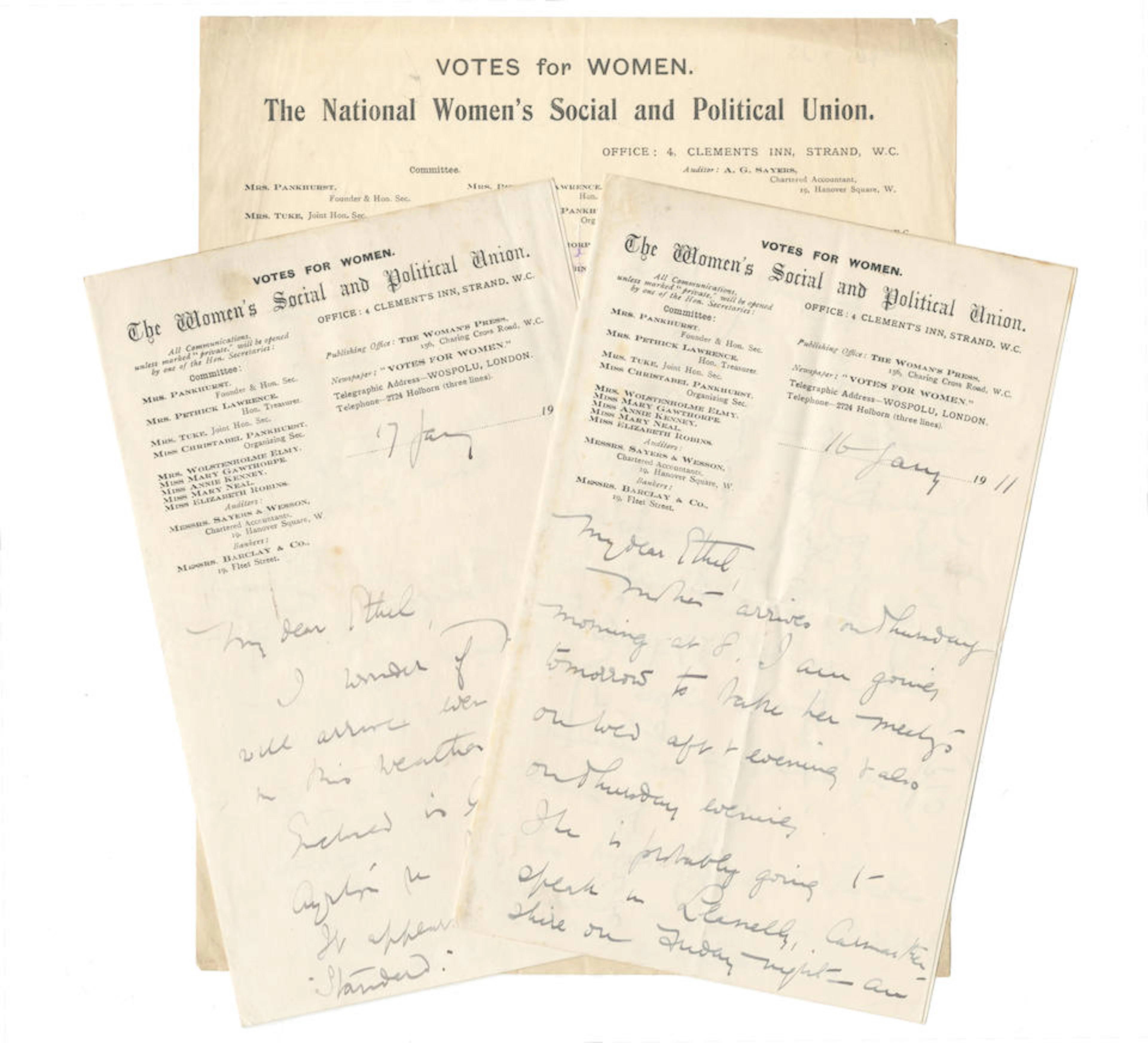 PANKHURST (CHRISTABEL) Two autograph letters signed with...