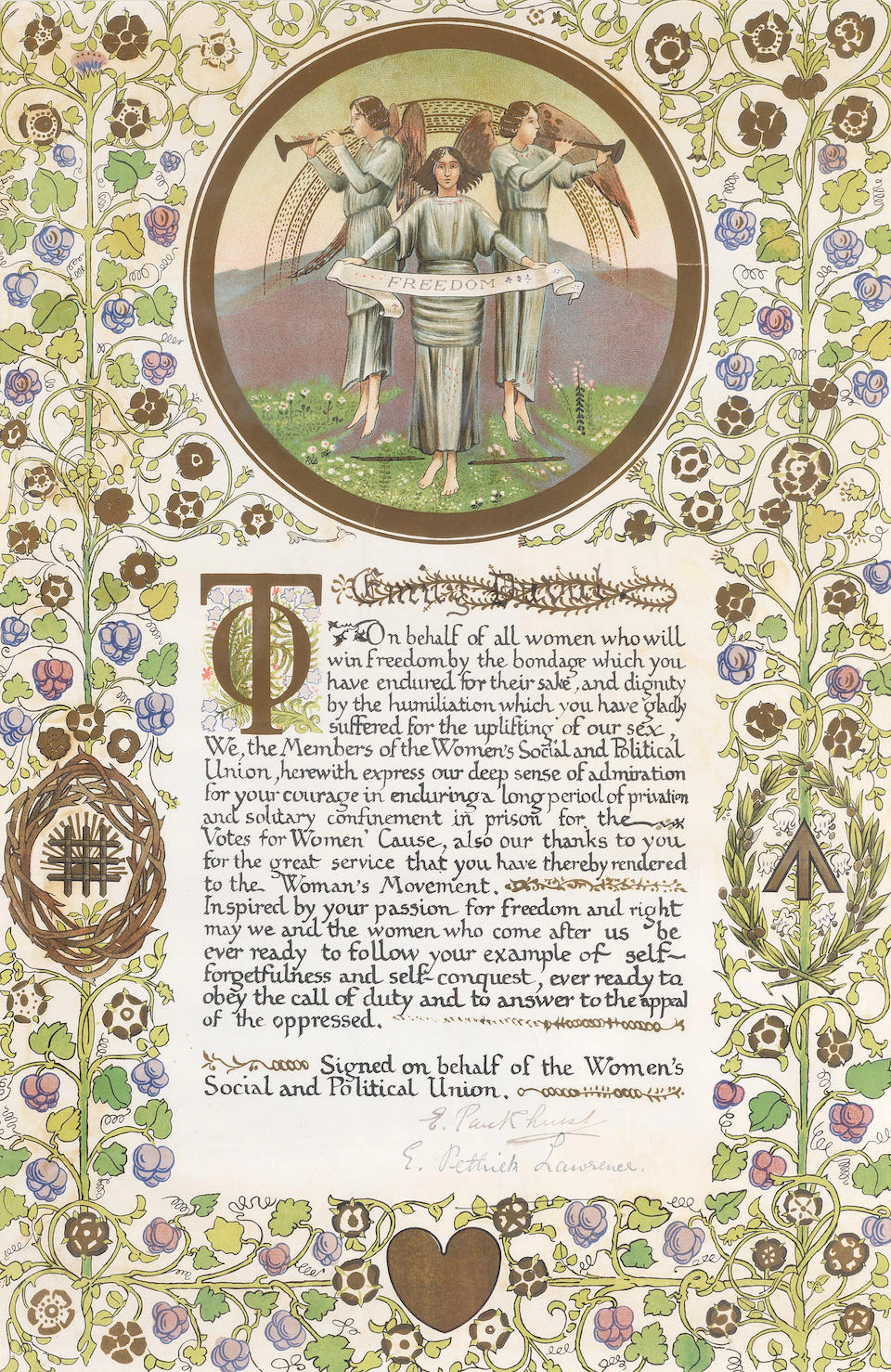 DUVAL (EMILY) Illuminated printed address signed by Emmeline Pankhurst ("E