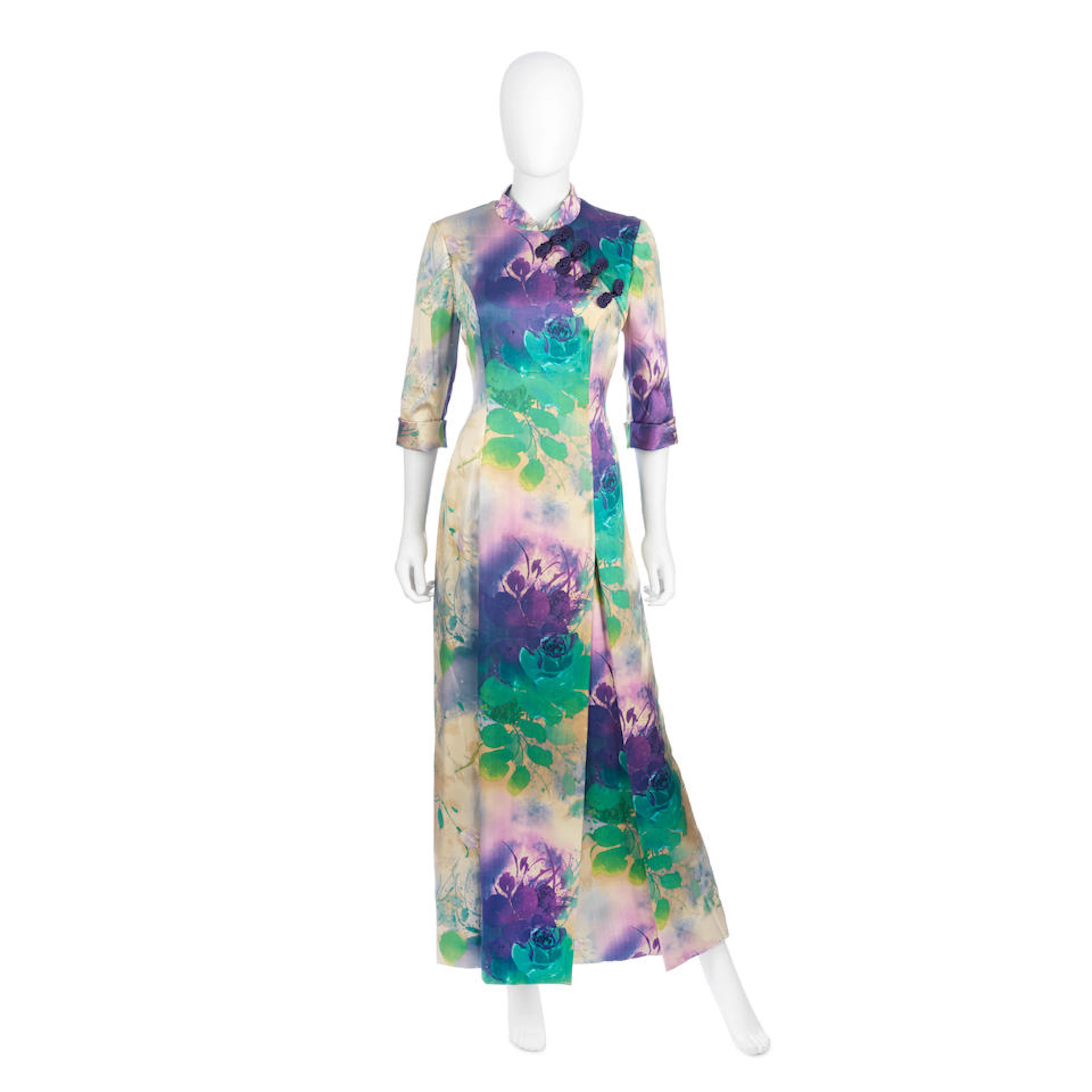 Bruce Oldfield Couture: a Purple and Green Printed Silk Gown