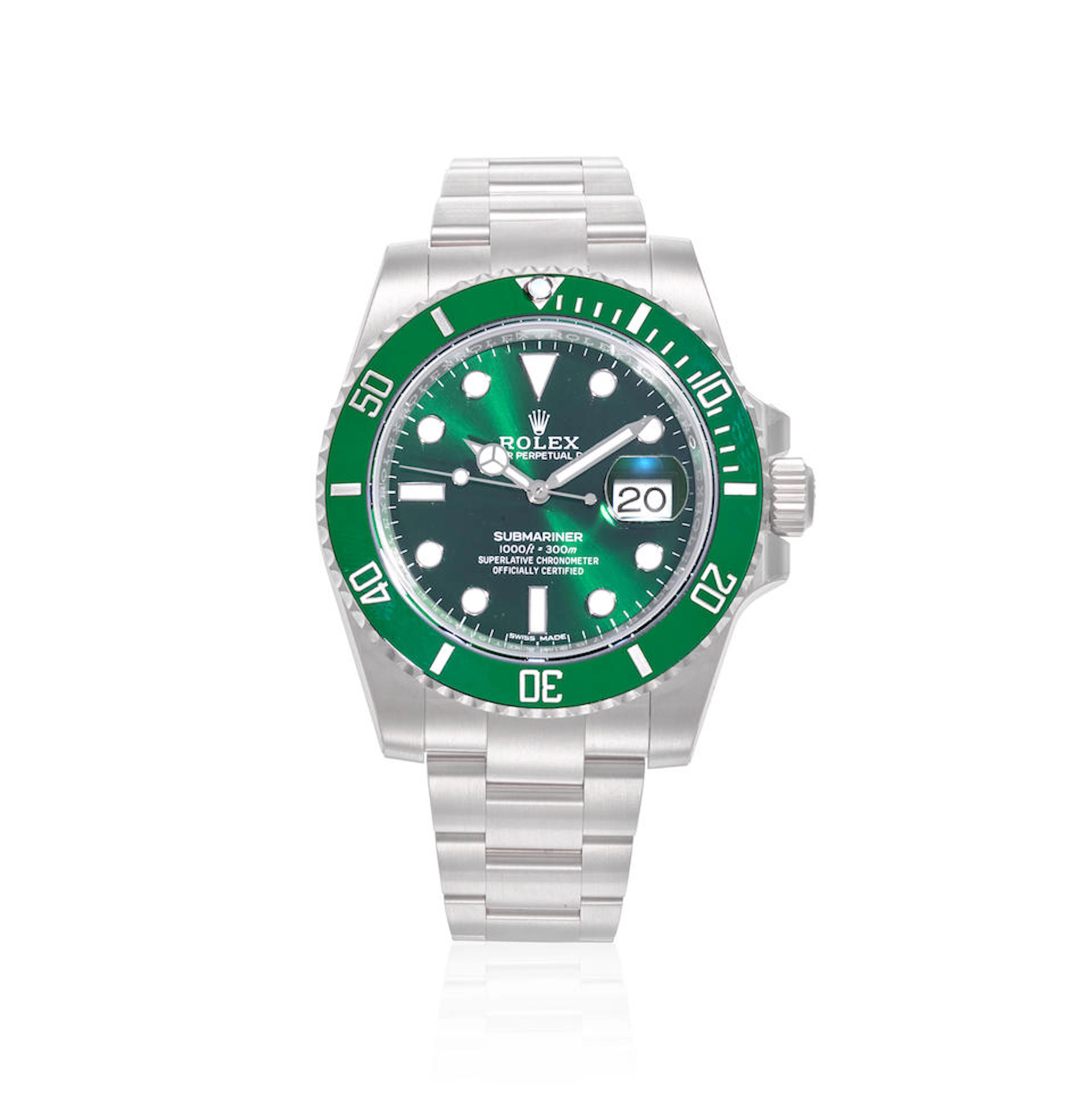 ROLEX. A STAINLESS STEEL AUTOMATIC CALENDAR BRACELET WATCH Submariner "Hulk"