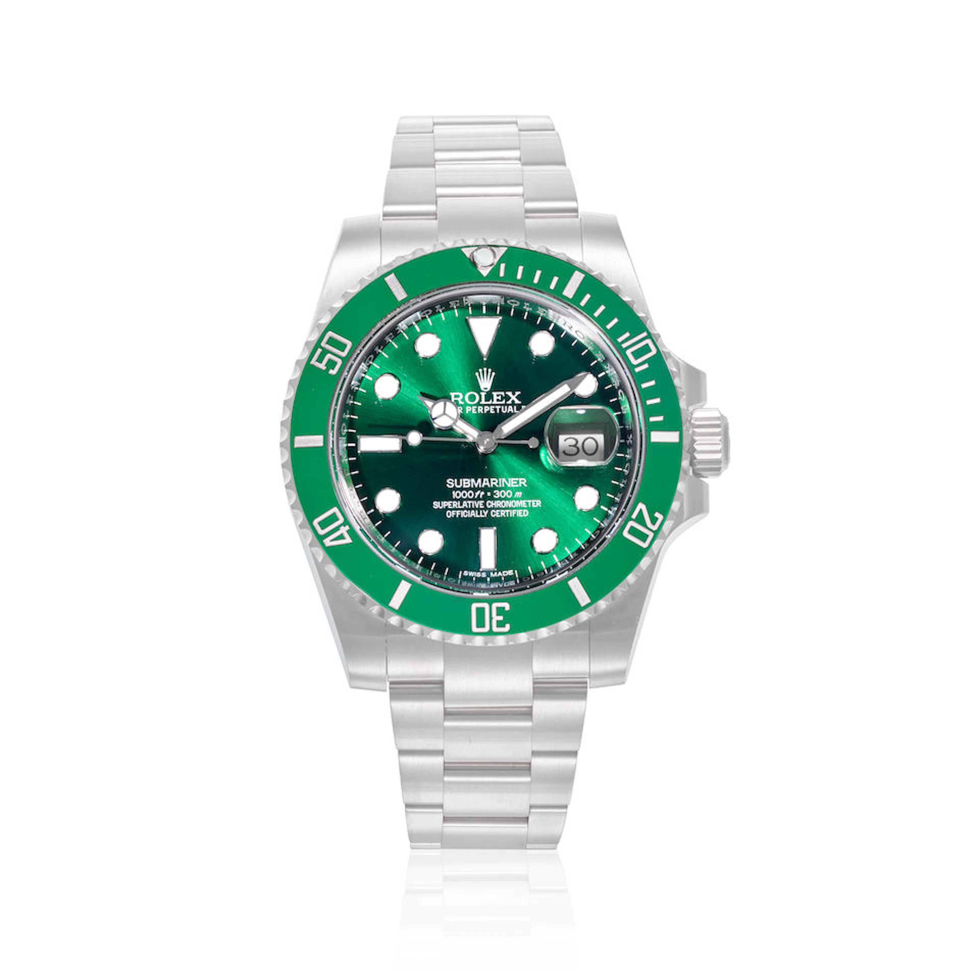 ROLEX. A STAINLESS STEEL AUTOMATIC CALENDAR BRACELET WATCH Submariner "Hulk"