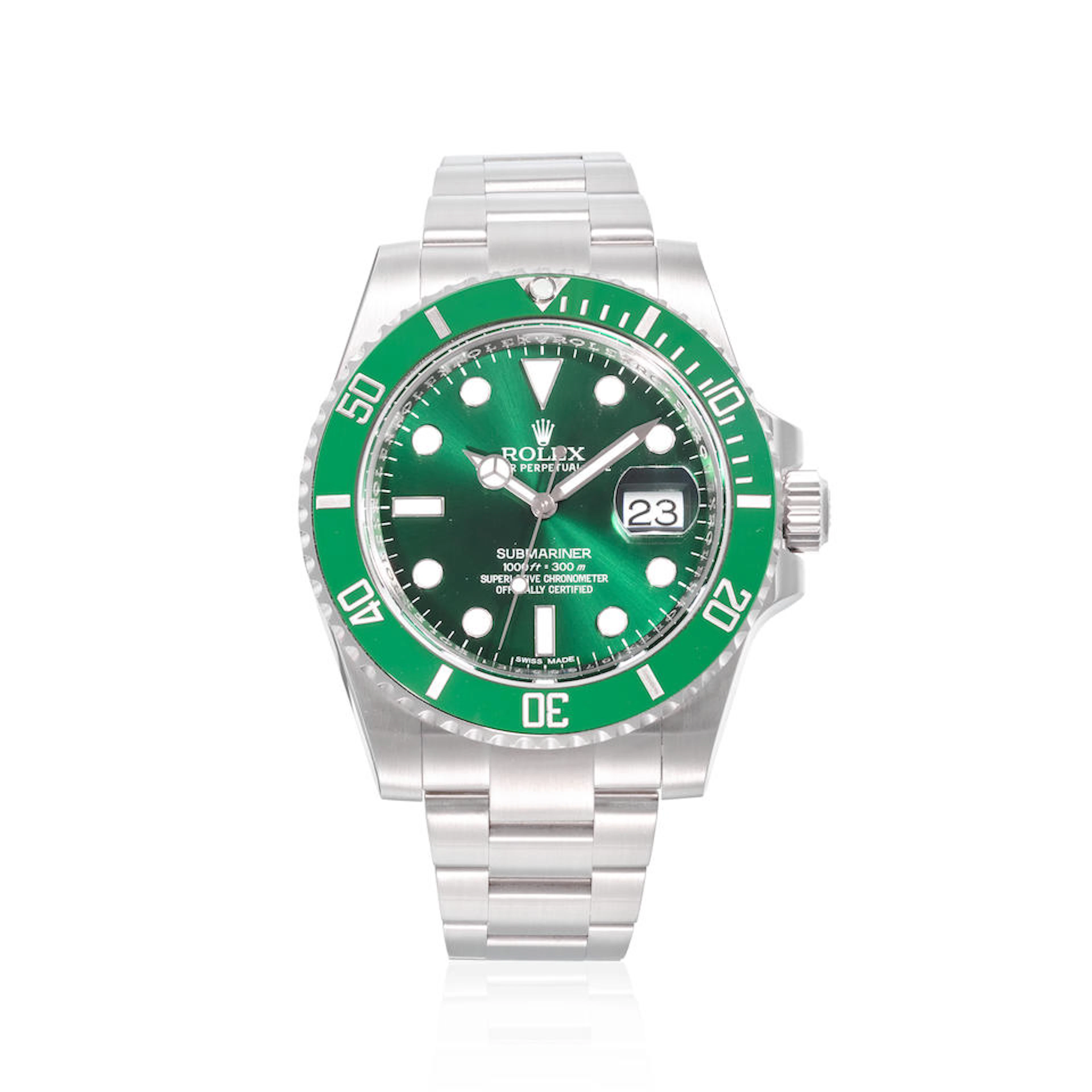 ROLEX. A STAINLESS STEEL AUTOMATIC CALENDAR BRACELET WATCH Submariner "Hulk"